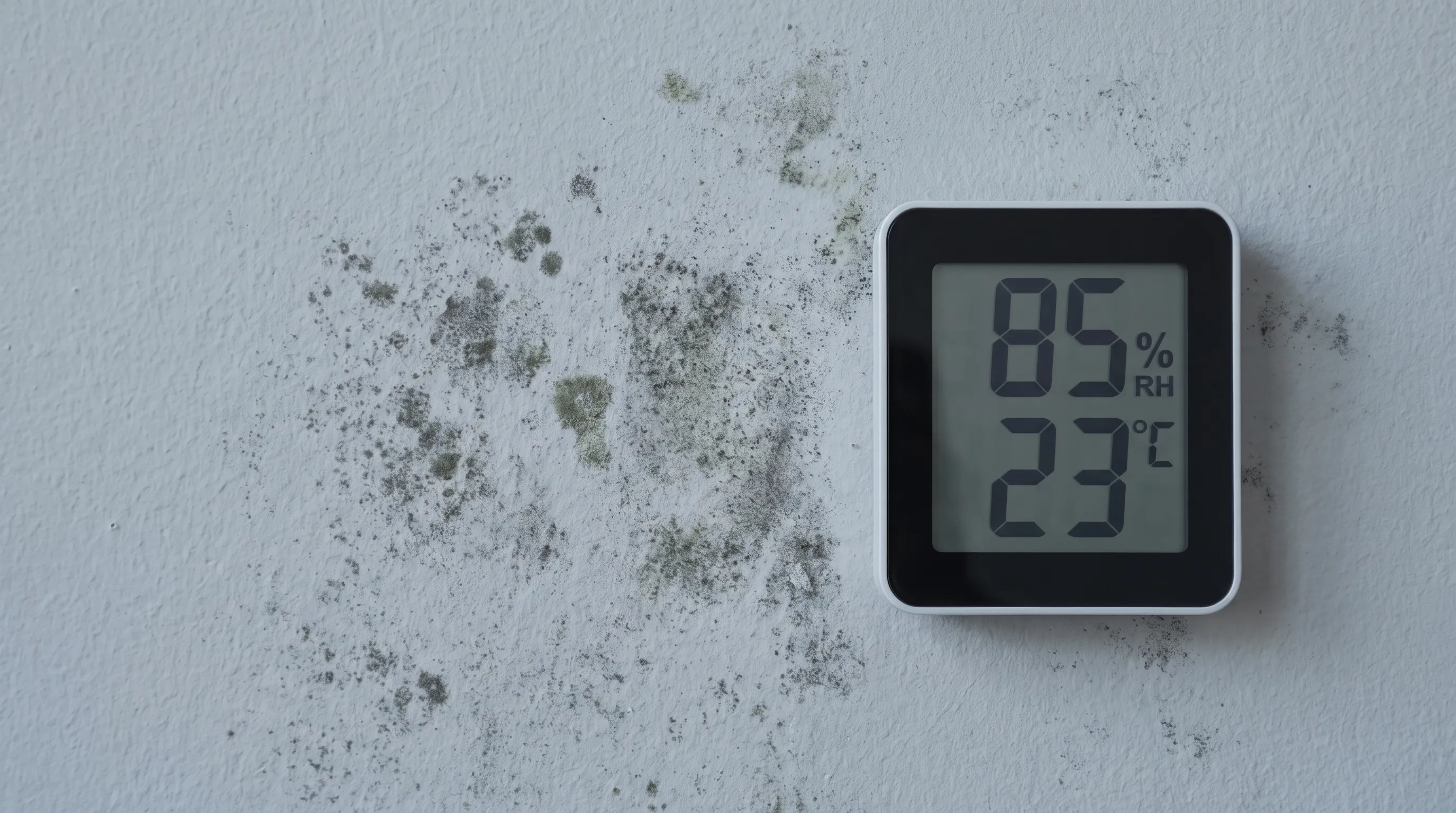 A professional environmental health technician measuring moisture levels in residential drywall using a calibrated pin-type moisture meter while wearing appropriate personal protective equipment