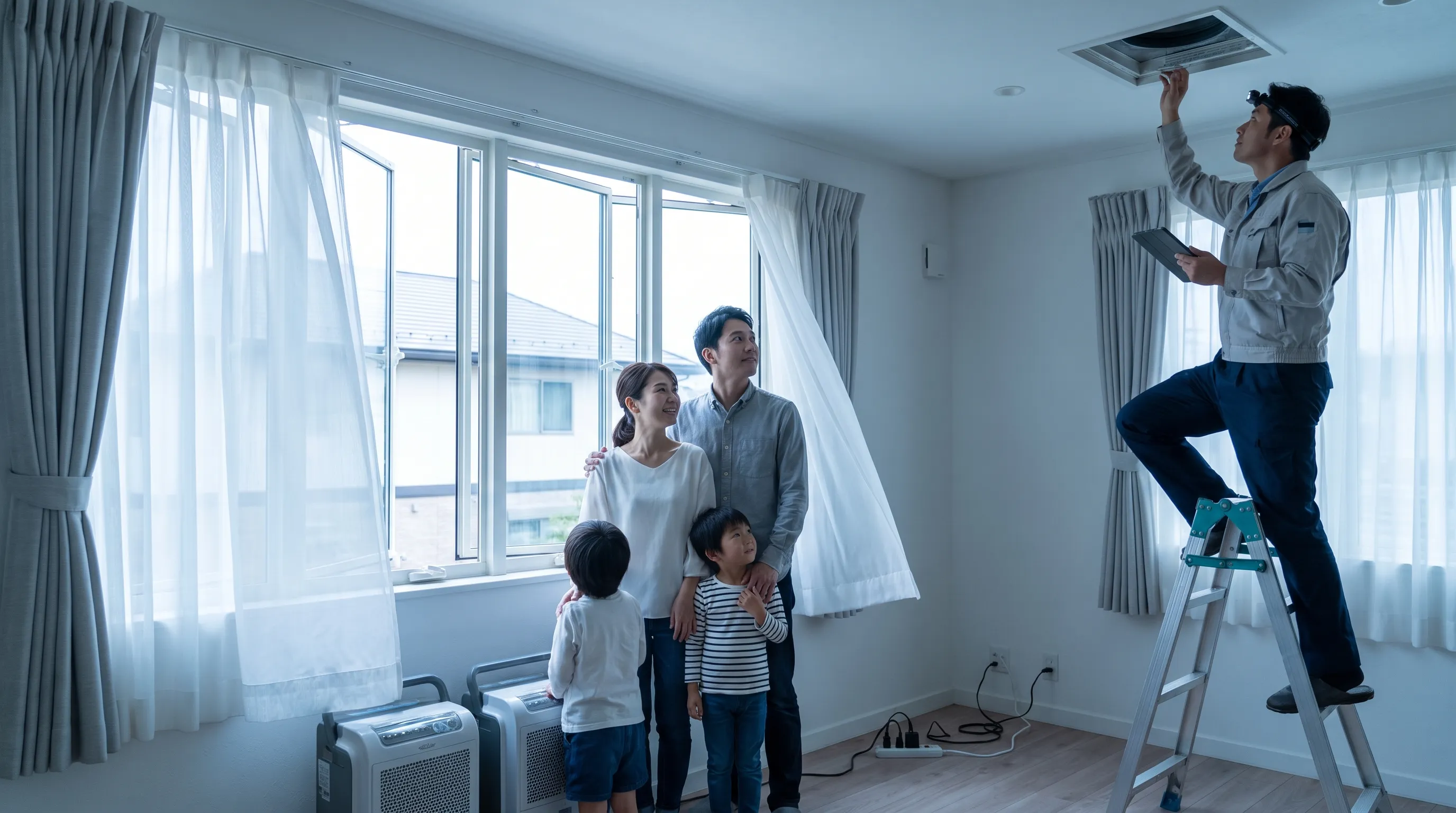 A bright modern home interior with an open window, running dehumidifier, and HVAC technician inspecting ductwork while maintaining a clean, allergen-free environment