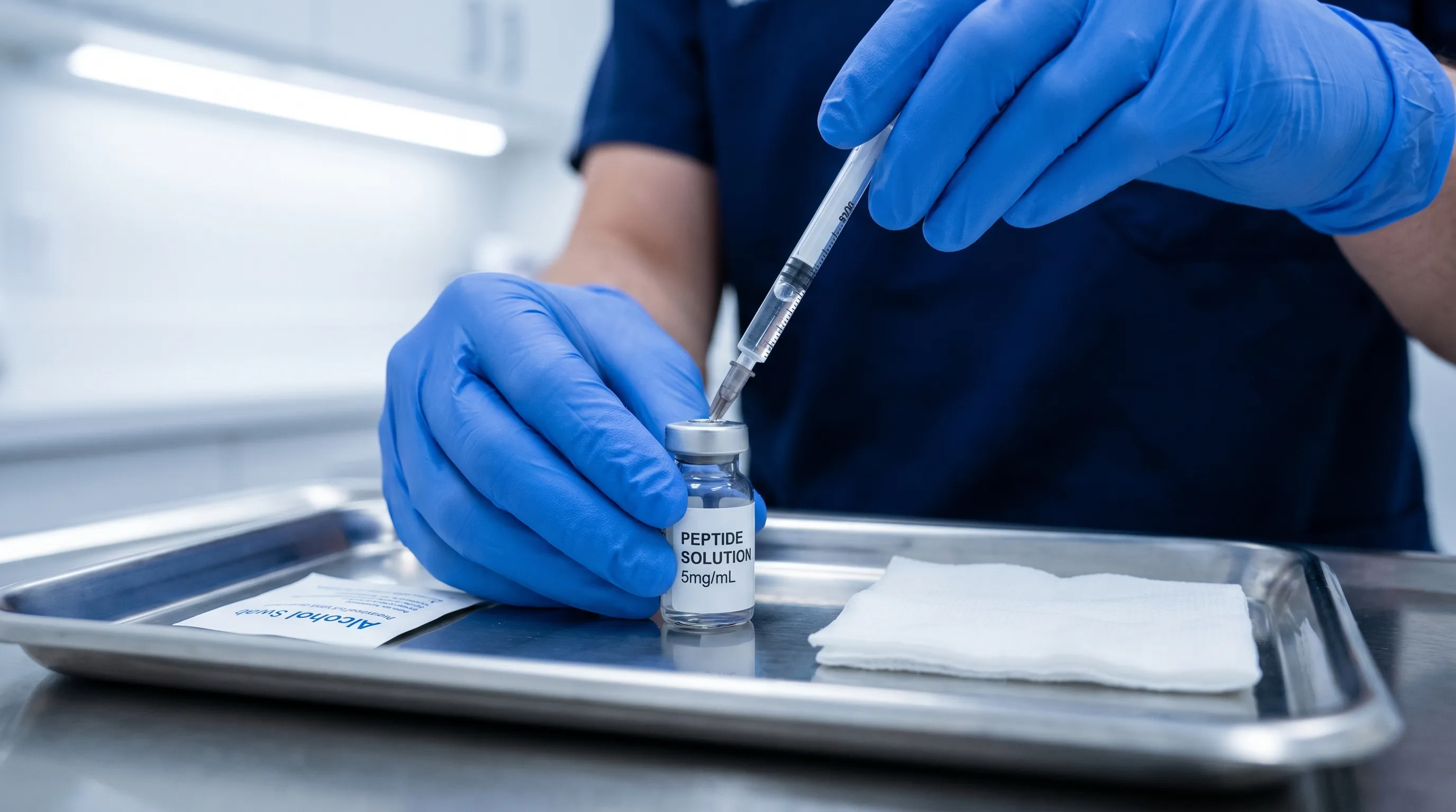 A clinical setting where a medical professional reviews peptide therapy charts and metabolic biomarkers with a patient, emphasizing evidence-based consultation, gray and blue tones