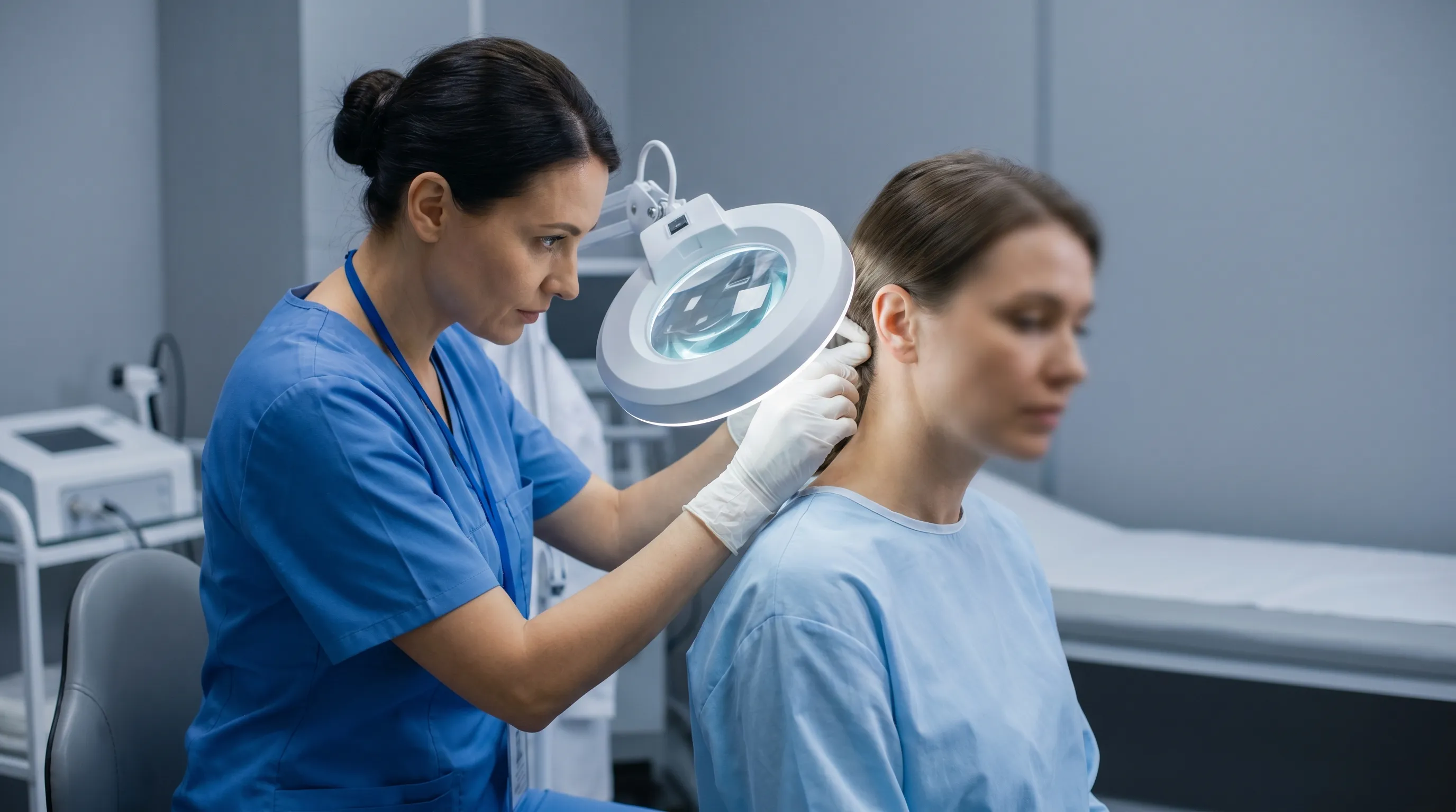 A dermatologist examining the skin behind a patient's ear under a clinical magnifying lamp, sterile environment, soft gray and blue lighting, professional healthcare photography, 4:3 ratio