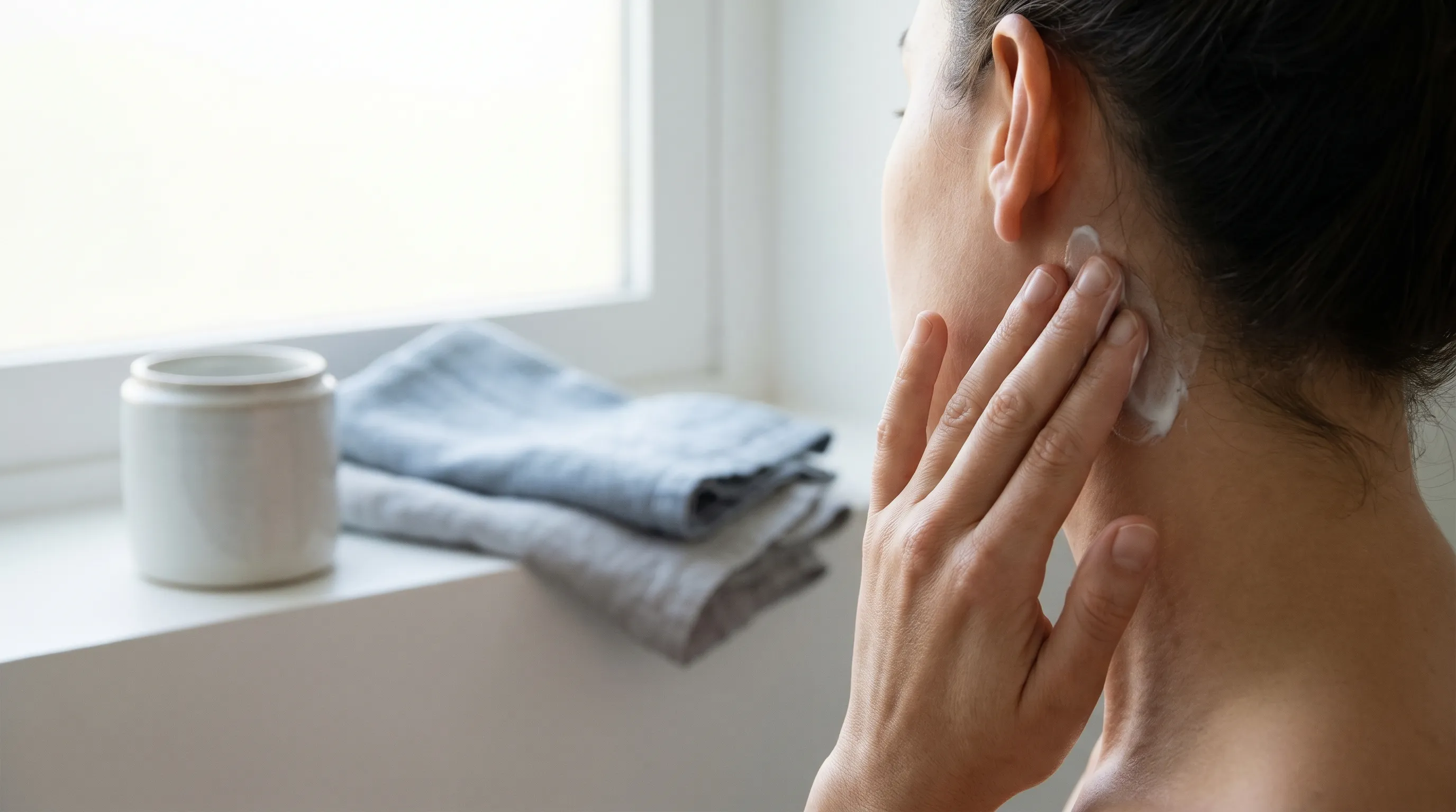Close-up of a person applying a gentle, fragrance-free moisturizer to the postauricular region, minimalist bathroom setting, natural lighting, calming gray and blue color palette, lifestyle wellness photography, 4:3 ratio
