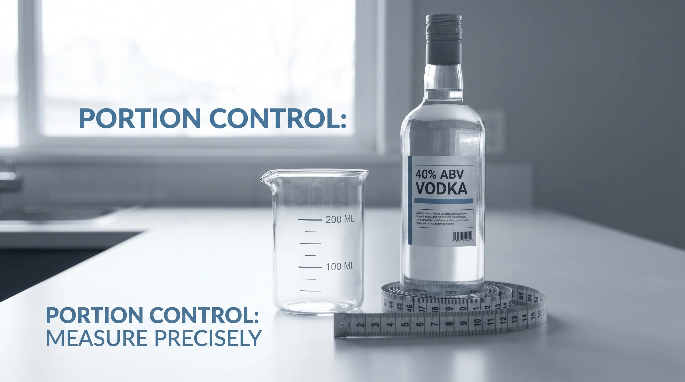 A medical illustration-style photograph showing a clean, modern kitchen counter with a graduated glass, a bottle of 40% ABV vodka, and a measuring tape, emphasizing portion control. Soft natural lighting, gray and blue color grading, professional health photography style, 4:3 ratio.