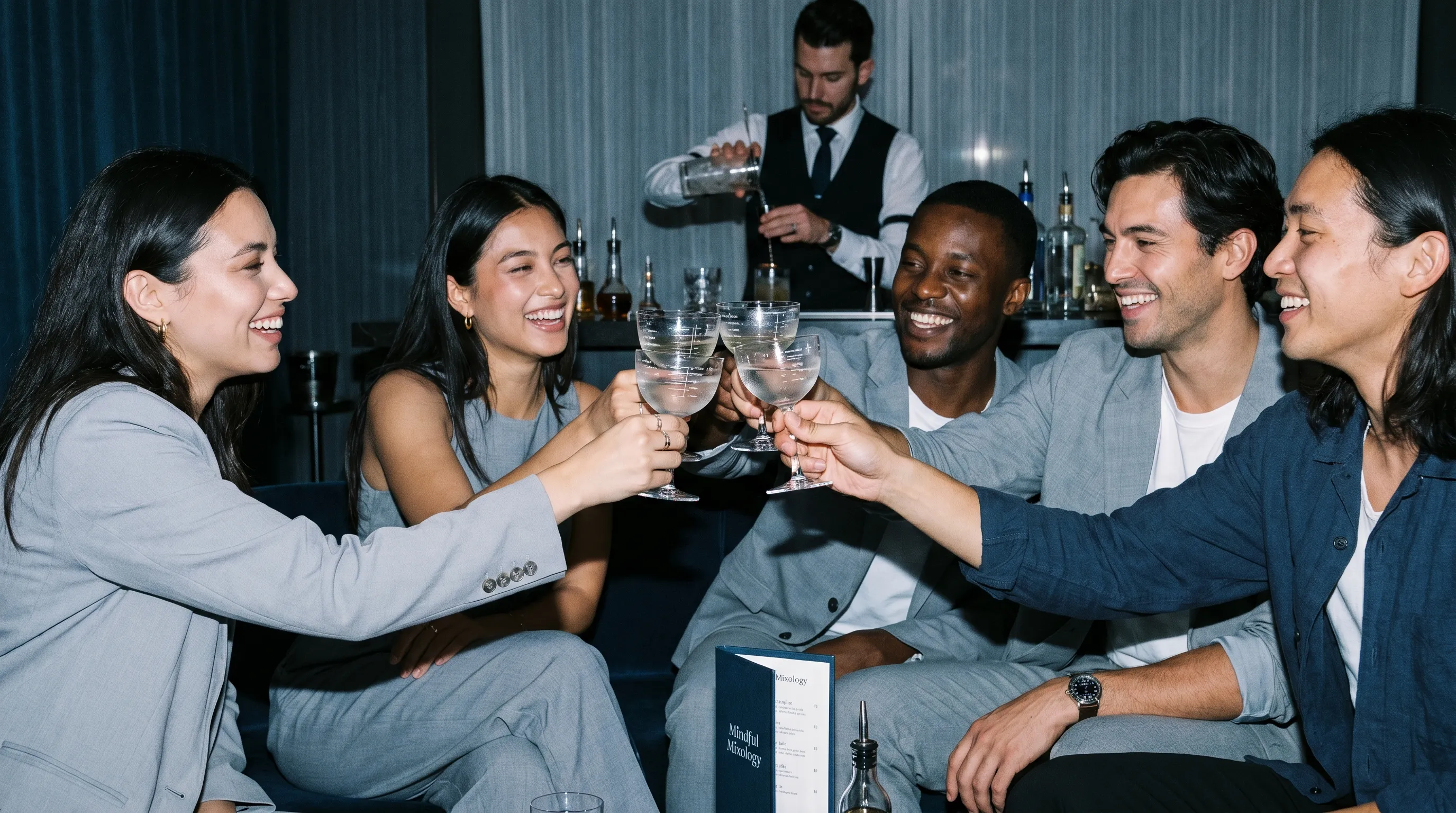 A group of friends in a sophisticated lounge setting, laughing while holding measured cocktail glasses. Subtle emphasis on responsible consumption, with a bartender preparing drinks in the background. Cool blue and muted gray tones, lifestyle editorial style, 4:3 ratio.