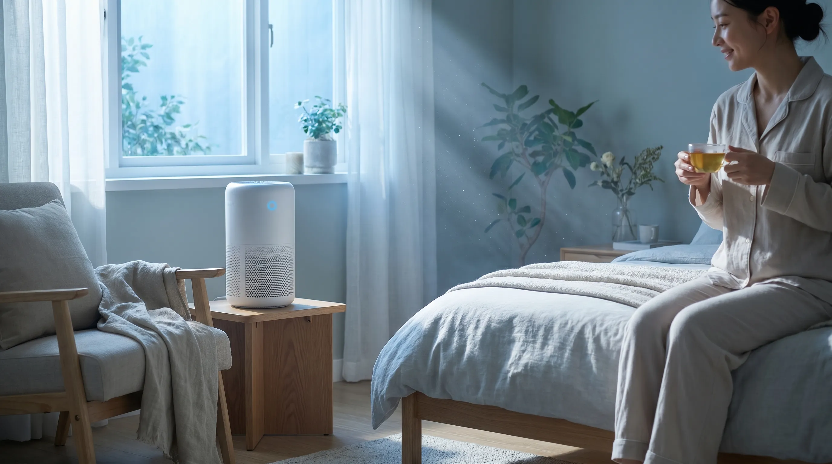 Professional medical wellness image of a family in a clean, sunlit living room, with a subtle air purifier visible near a bookshelf, emphasizing respiratory comfort and modern home health