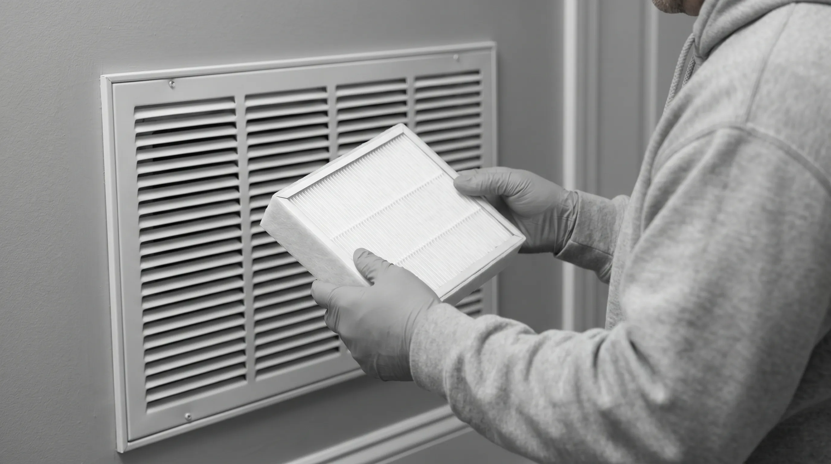 Close-up clinical style image of a person checking a HEPA filter cartridge, wearing casual home clothes, background shows a tidy HVAC return vent, soft gray tones, educational and practical composition, 4:3