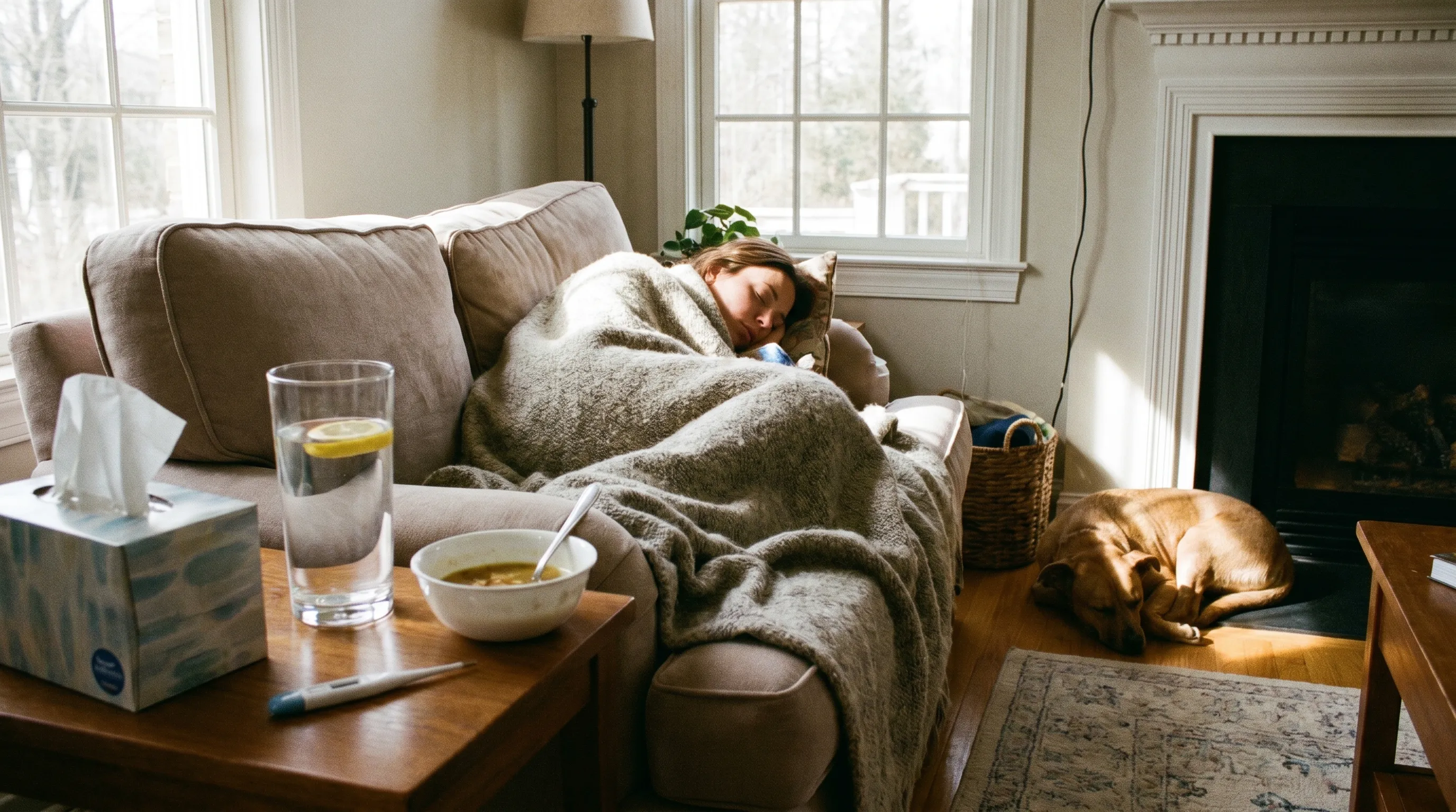 A person resting comfortably under a soft blanket with tissues and a glass of water on a bedside table, highlighting recovery and hydration