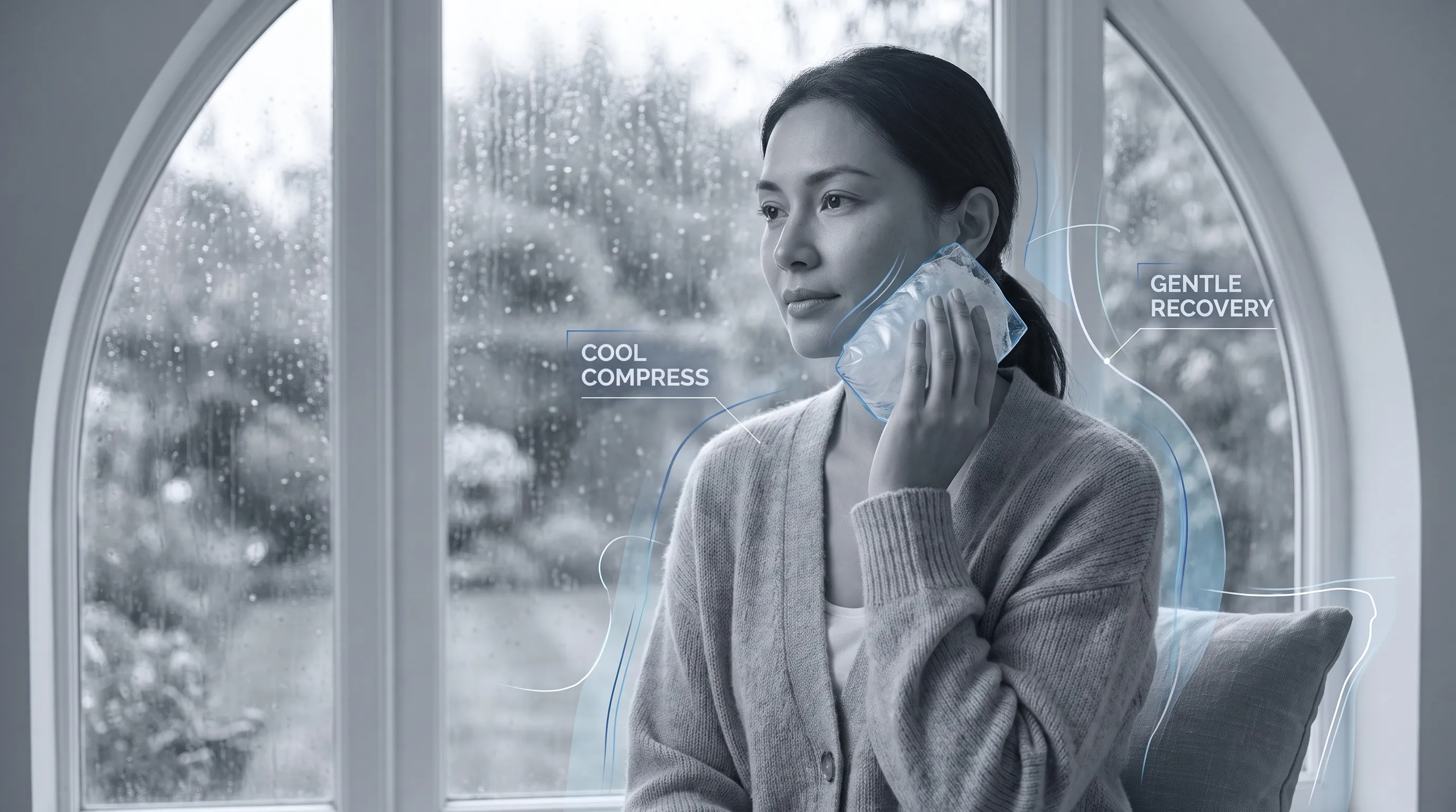 A compassionate lifestyle photograph showing a young adult gently applying a cool compress to their jawline while sitting by a softly lit window, conveying self-care and gentle recovery practices. Gray and blue tones dominate the composition.
