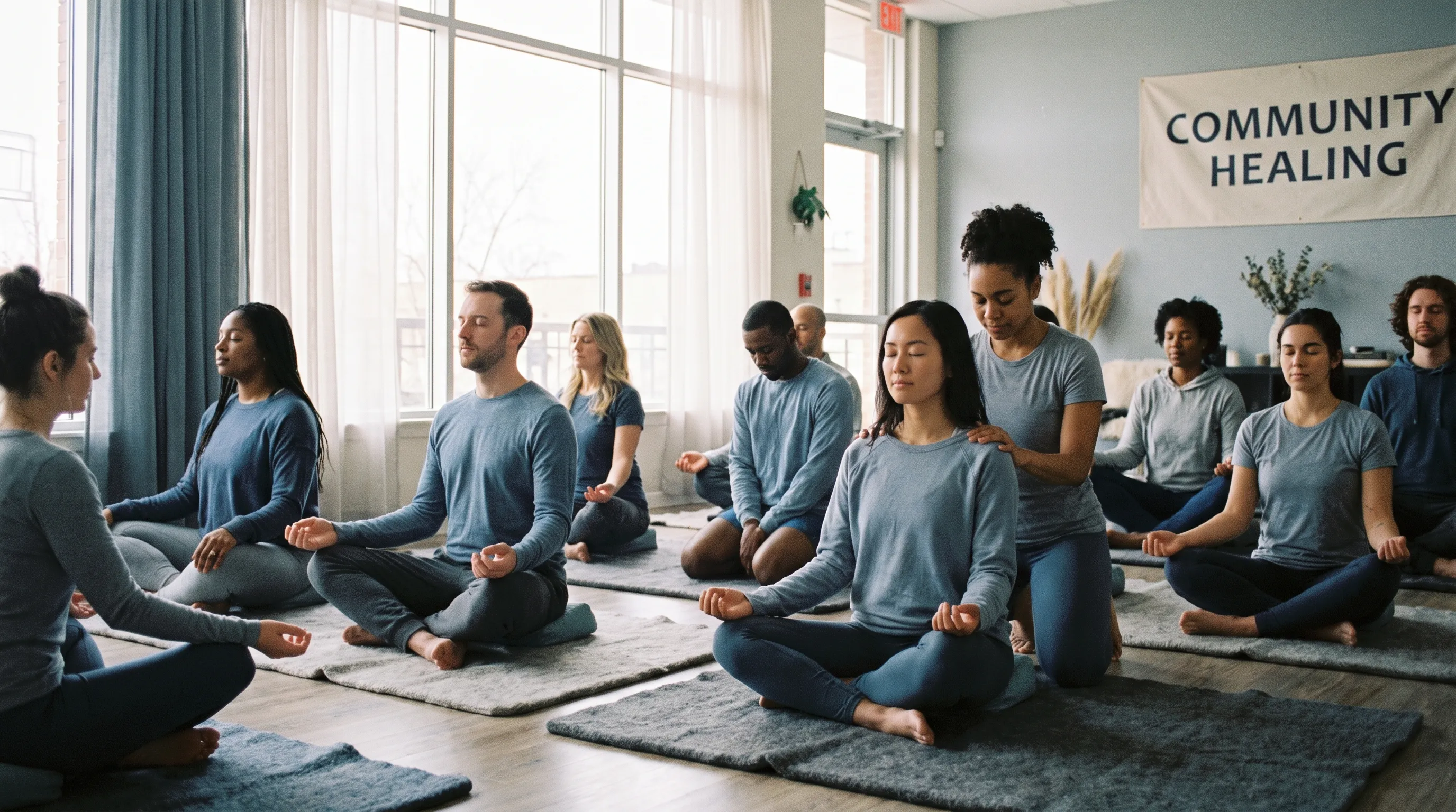 A supportive lifestyle photograph of a diverse group of individuals participating in a guided wellness session, seated comfortably on mats with soft natural lighting. The scene emphasizes community healing and mental wellness in muted blue and gray tones.