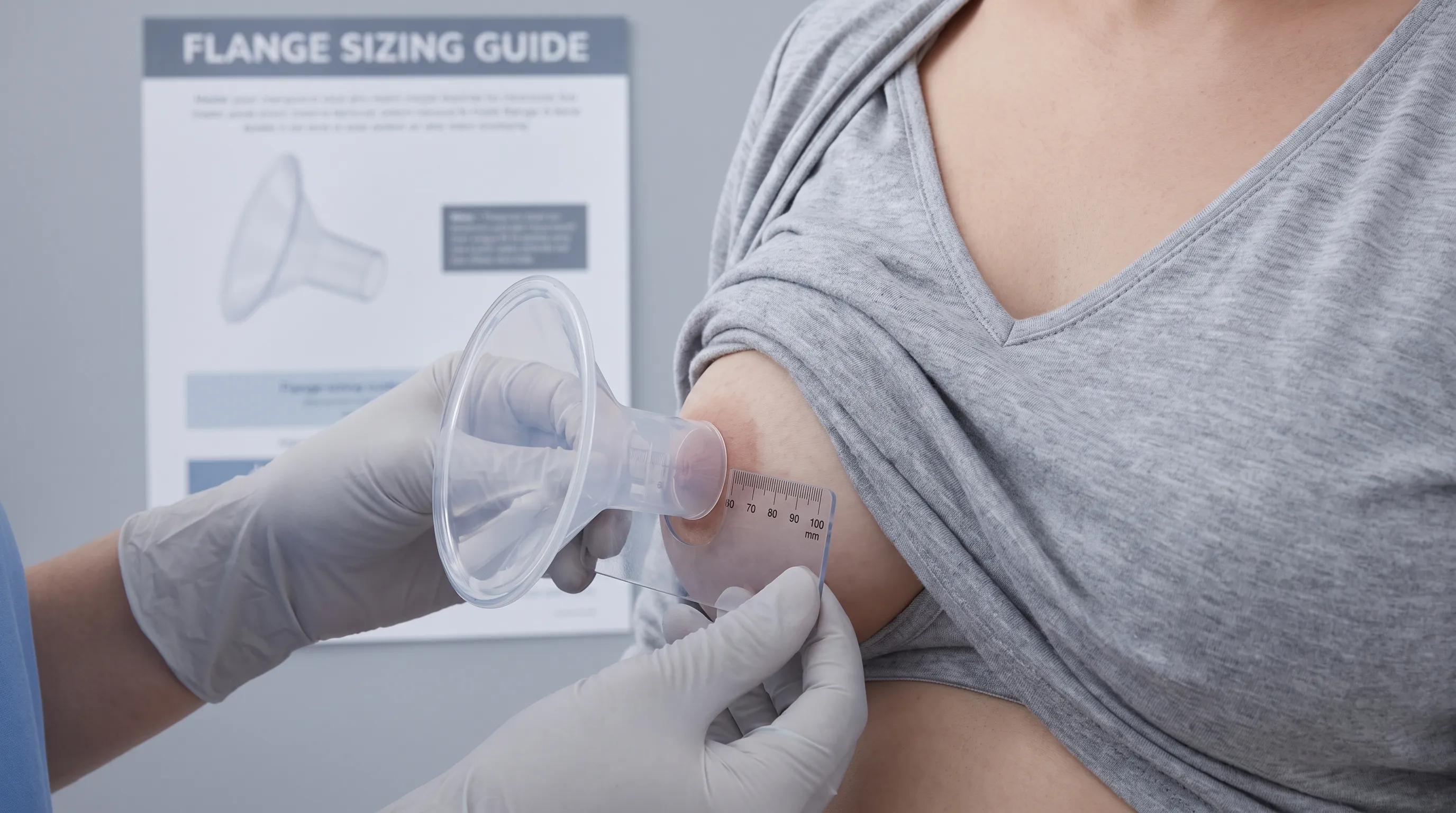 A close-up, well-lit photo showing proper breast pump flange sizing being measured on a nursing mother's breast, clinical yet gentle lighting, gray and blue tones, educational health context