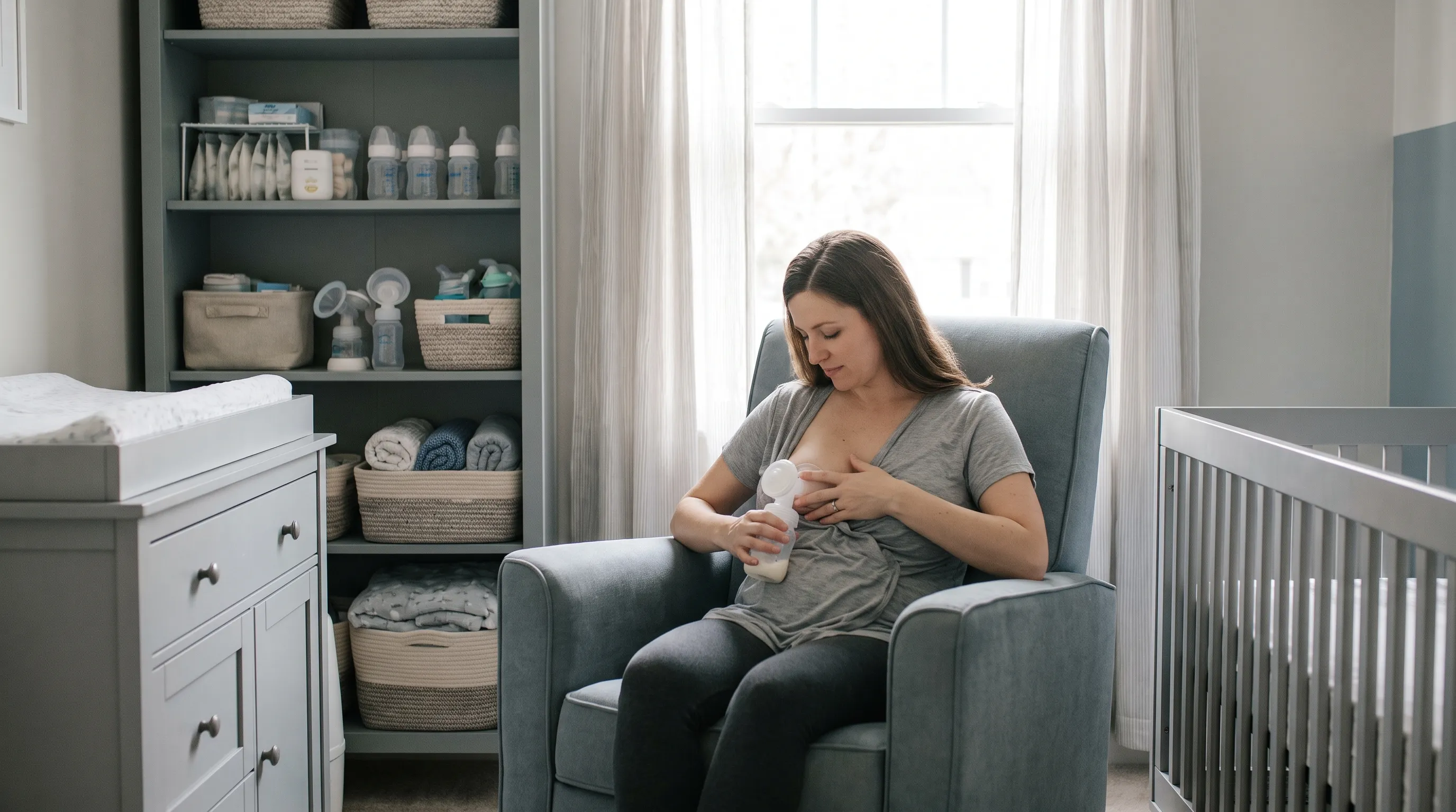 A mother practicing hands-on pumping technique in a quiet home nursery, soft natural lighting, organized pumping accessories visible, professional wellness photography, 4:3 ratio, muted gray-blue palette