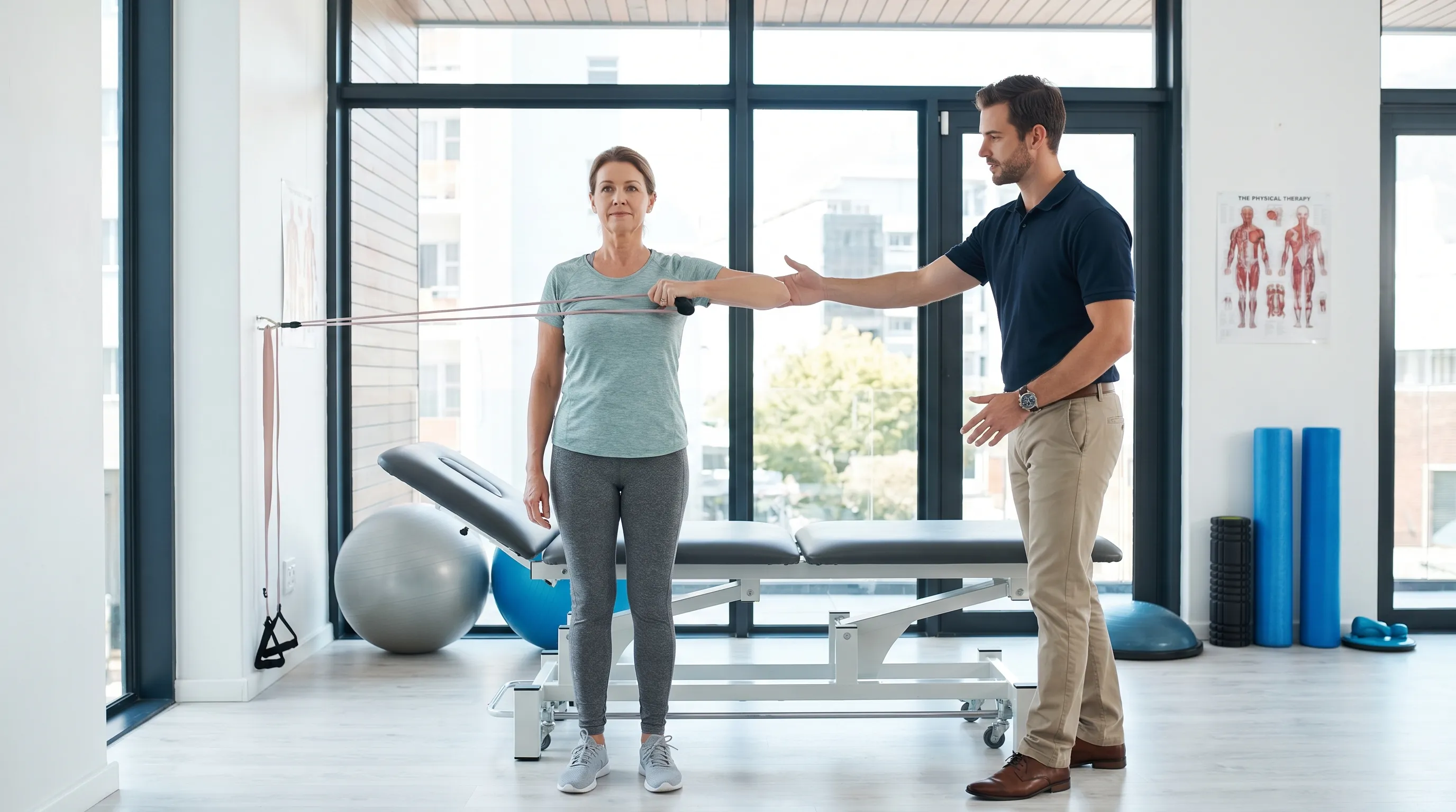 A middle-aged woman performing gentle shoulder mobility exercises with a physical therapist in a bright, modern clinic setting, emphasizing proper posture and supportive equipment