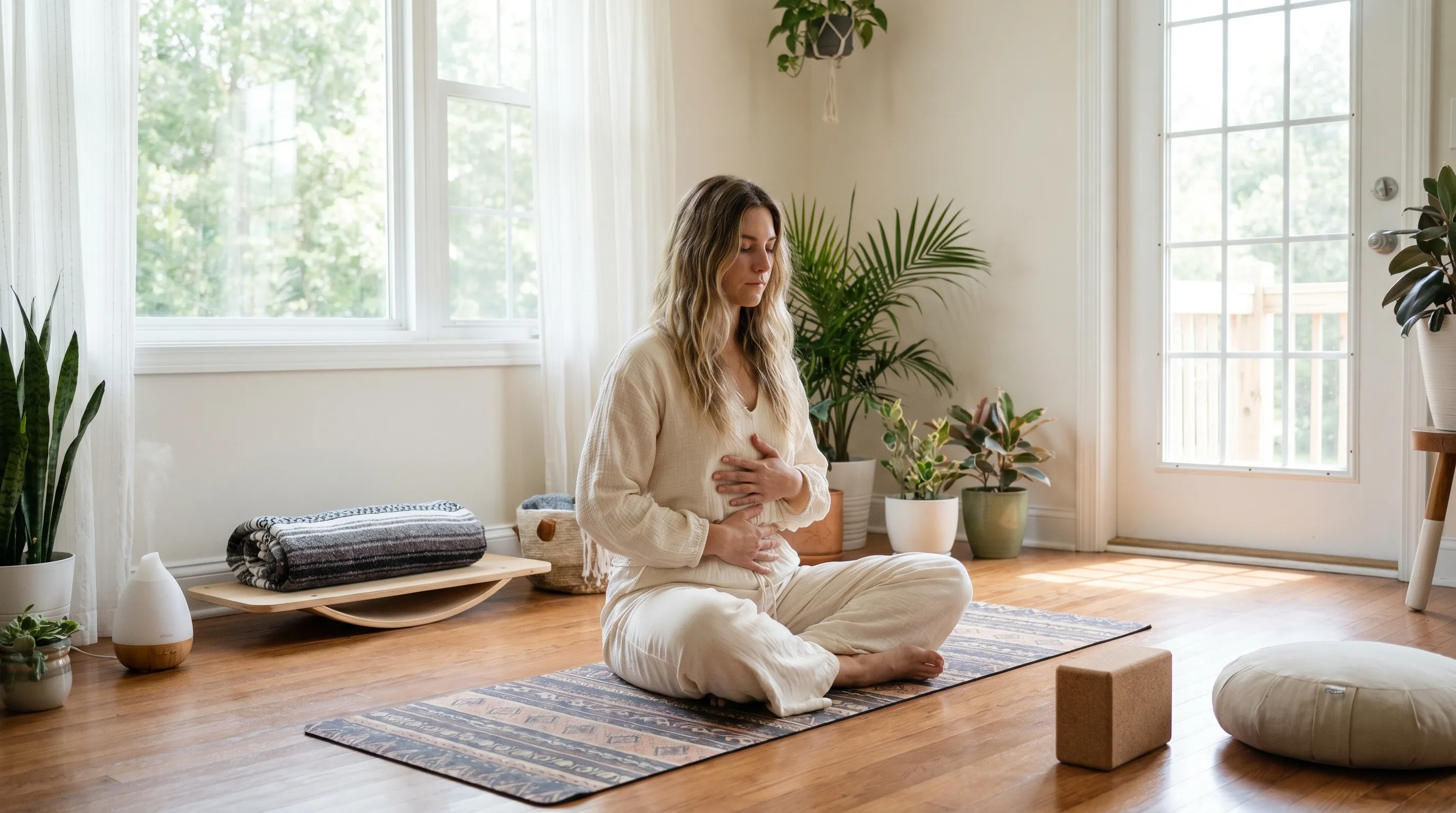 A serene home environment where a woman practices gentle yoga and diaphragmatic breathing on a mat, surrounded by natural light and ergonomic wellness accessories