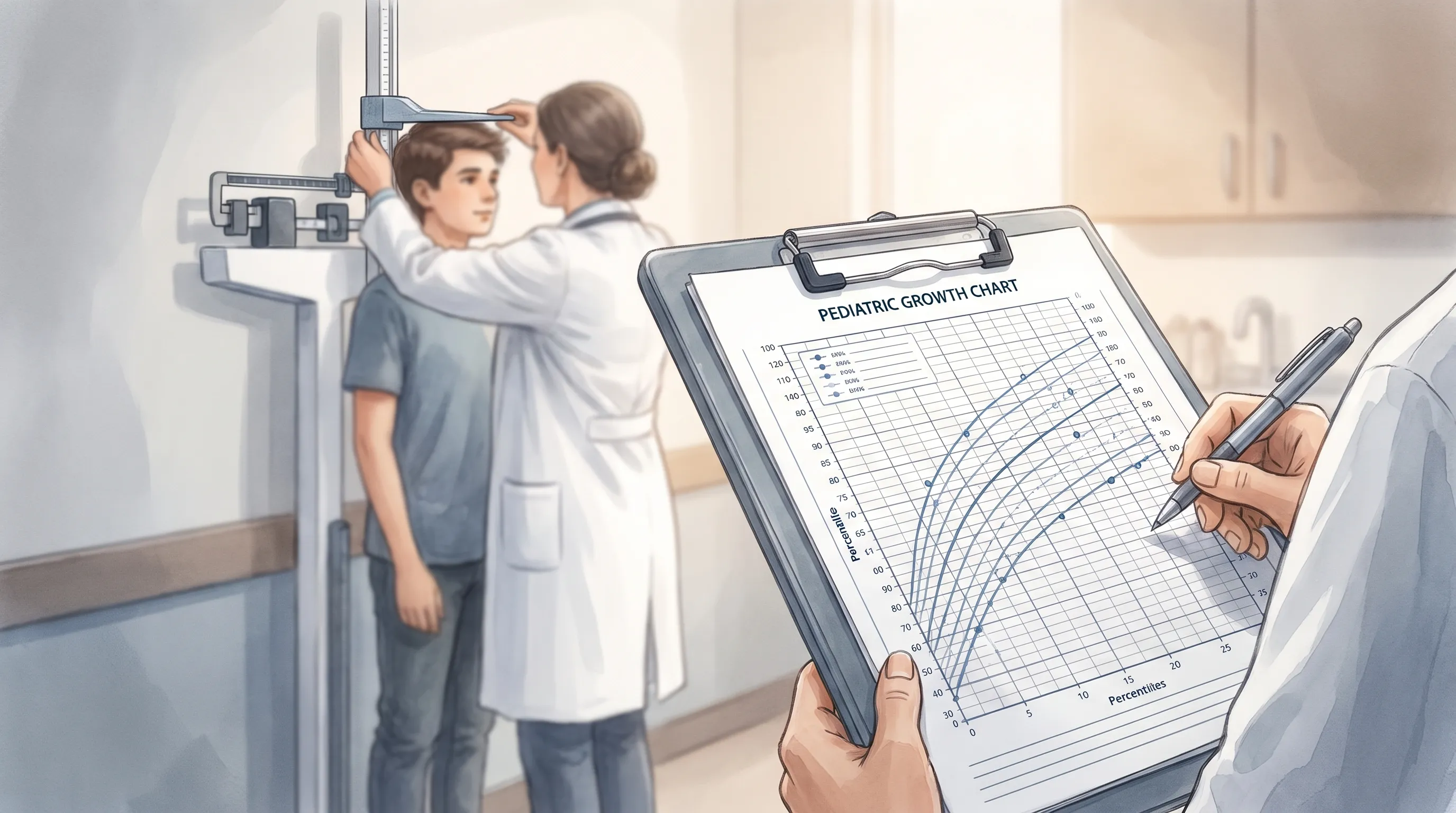 A pediatrician calmly explaining a growth chart to a parent and a 13-year-old adolescent in a well-lit consultation room, with medical posters on the wall and a warm, professional atmosphere