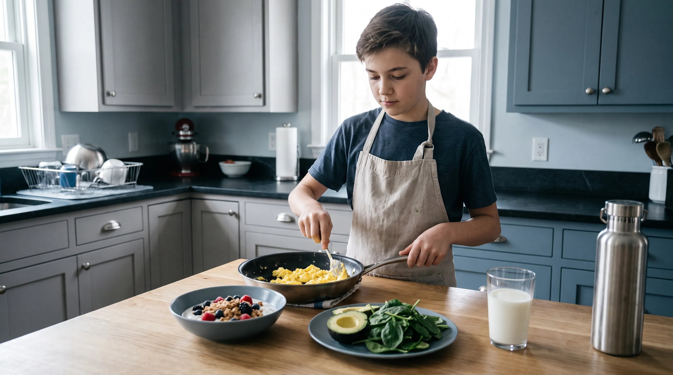 A teenager engaged in a weight-bearing exercise like jumping rope or light resistance training in a safe, well-equipped home gym or backyard, demonstrating healthy active habits