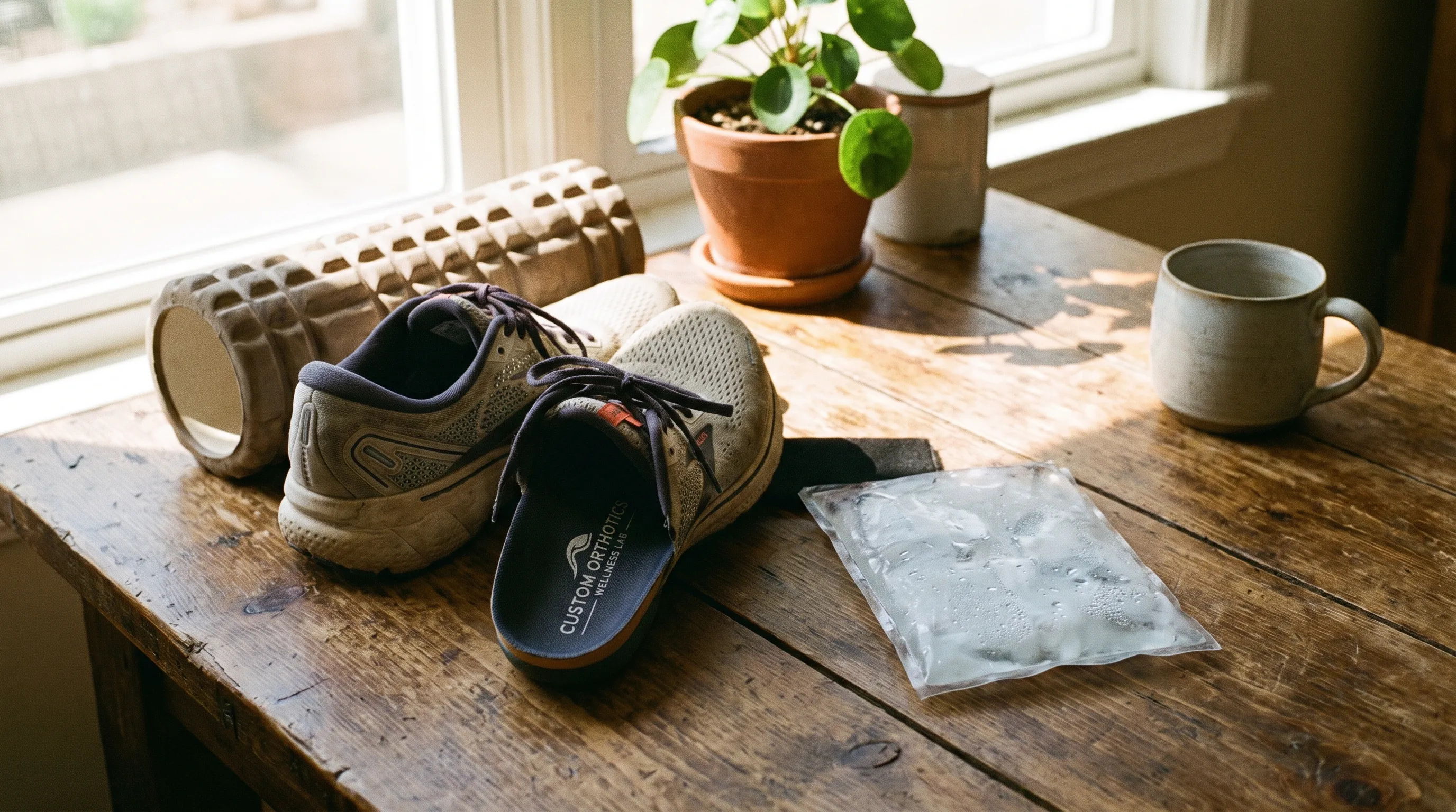Lifestyle wellness scene showing a pair of running shoes with custom orthotic insoles placed beside a foam roller and frozen gel pack on a wooden table, bright natural lighting.
