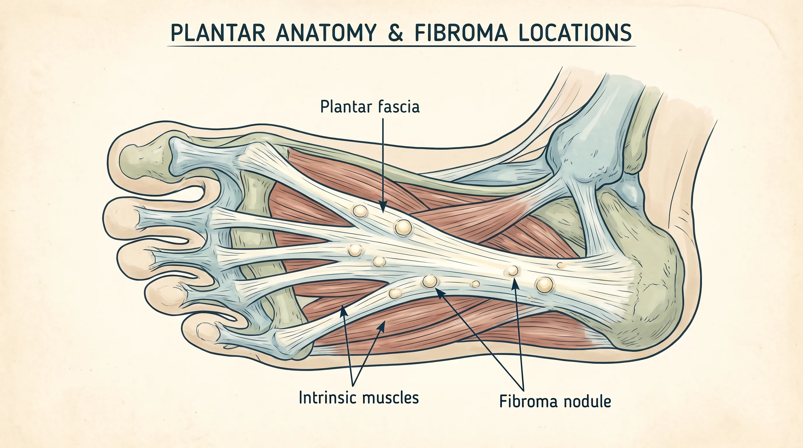 Educational anatomical diagram of the bottom of the foot highlighting the plantar fascia, intrinsic muscles, and fibroma nodule locations, clean medical illustration style.