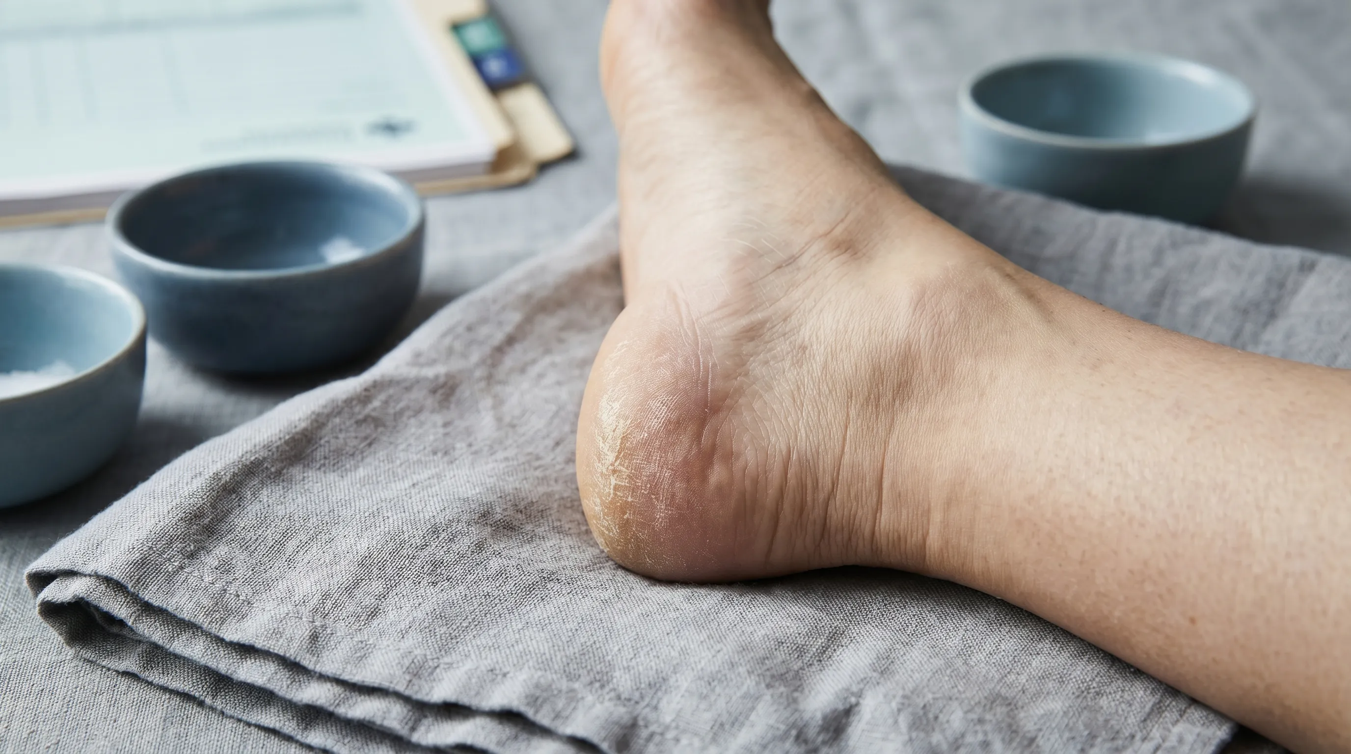 A close-up view of dry, cracked heels before treatment