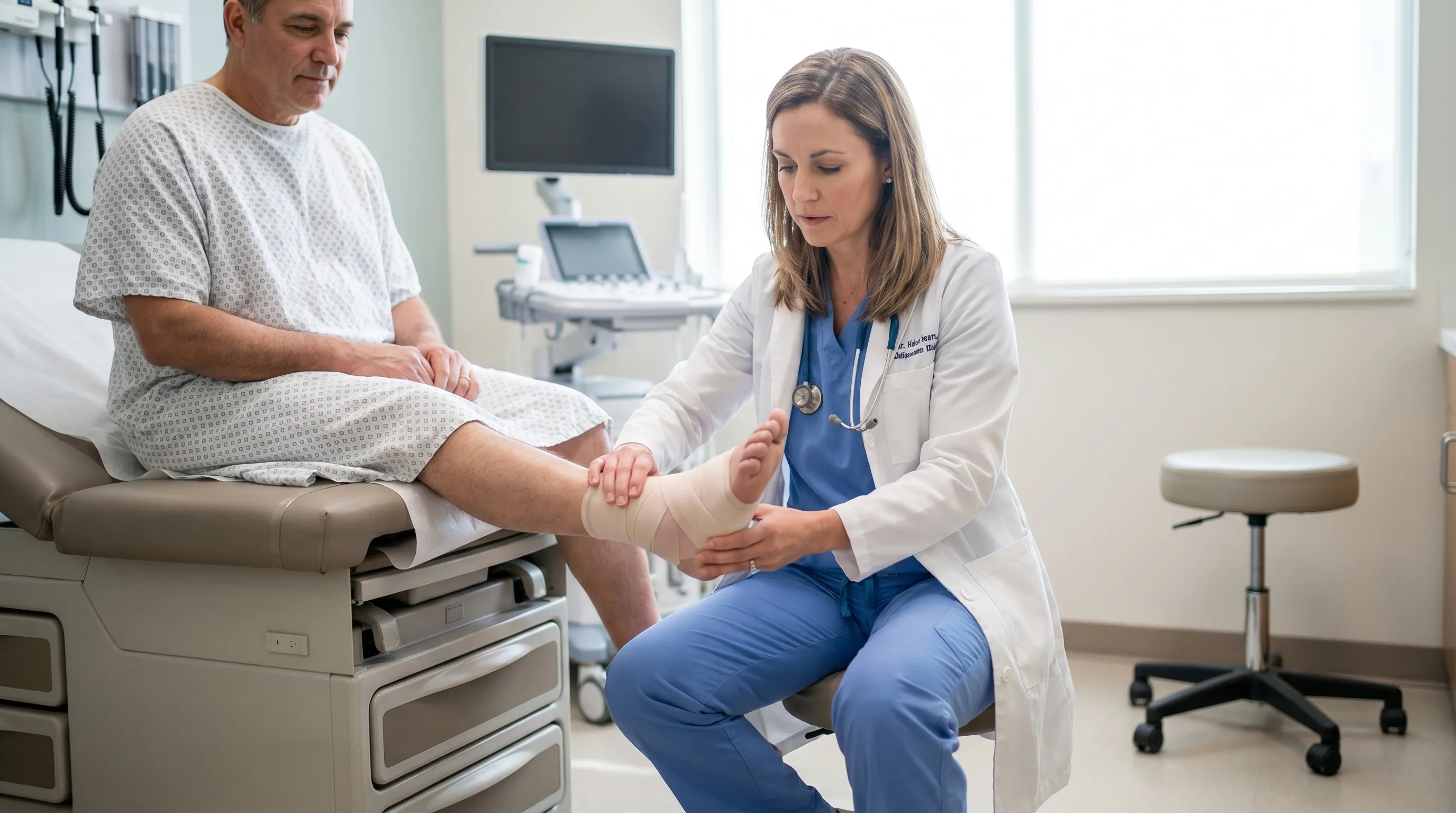 A medical professional gently examining a patient's swollen foot on an examination table, soft clinical lighting, focused expression, professional healthcare photography style, 4:3 ratio