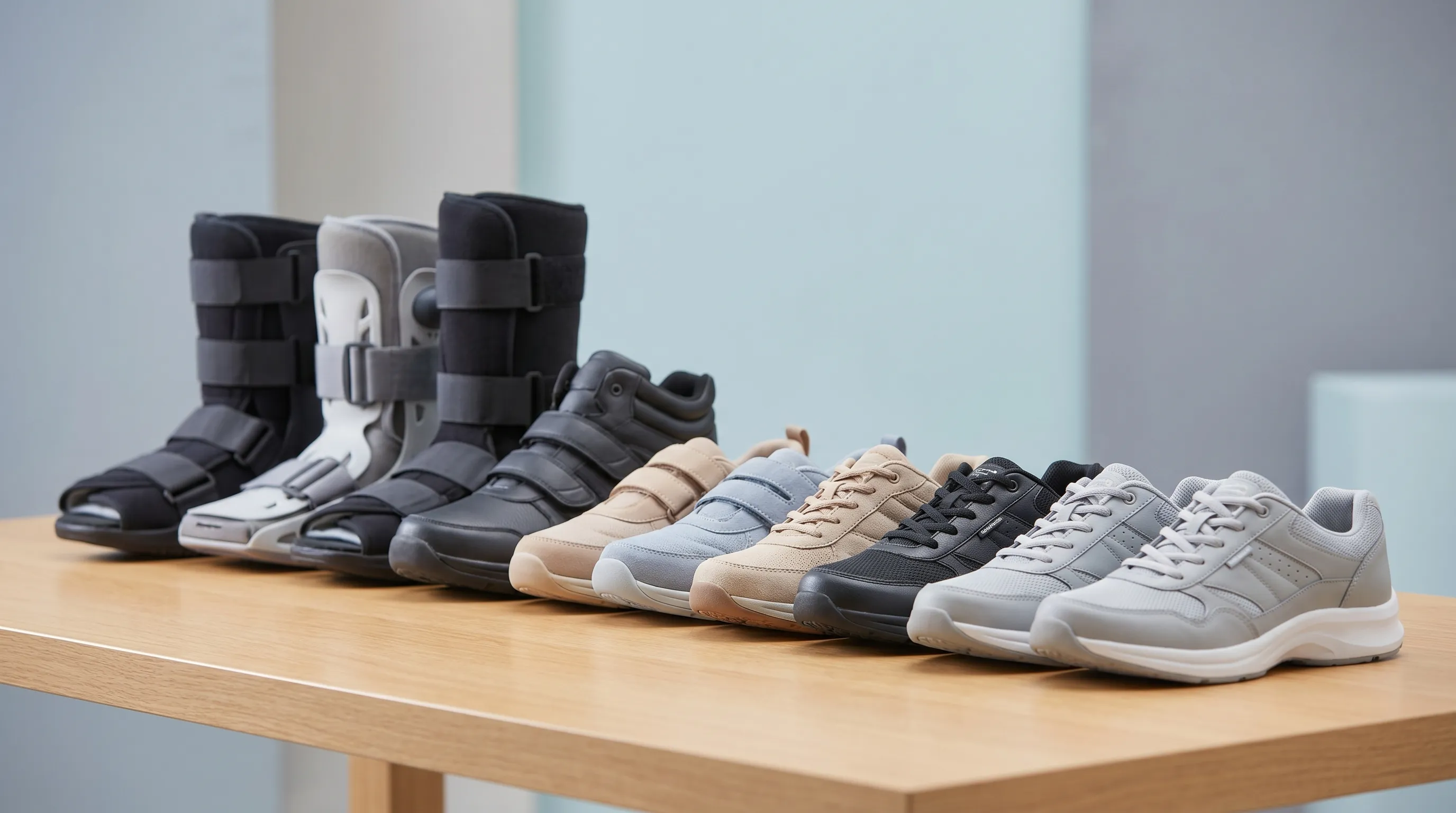 A close-up of various supportive footwear and orthopedic walking boots arranged neatly on a clean wooden surface, calm blue and gray background tones, medical product photography style, 4:3 ratio