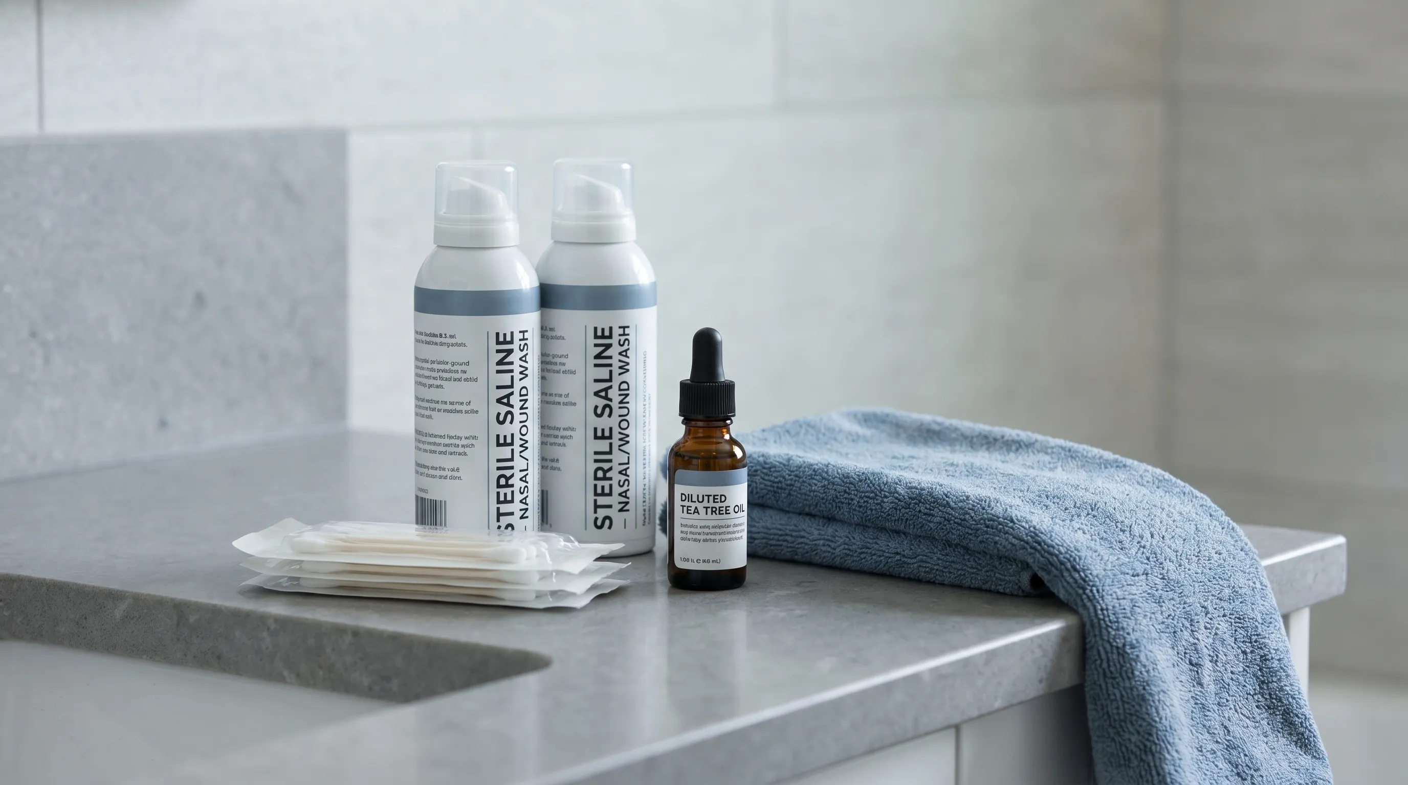 A clean bathroom counter showing sterile saline spray bottles, amber essential oil bottles, sterile cotton gauze, and soft microfiber towels arranged neatly in soft gray and blue tones