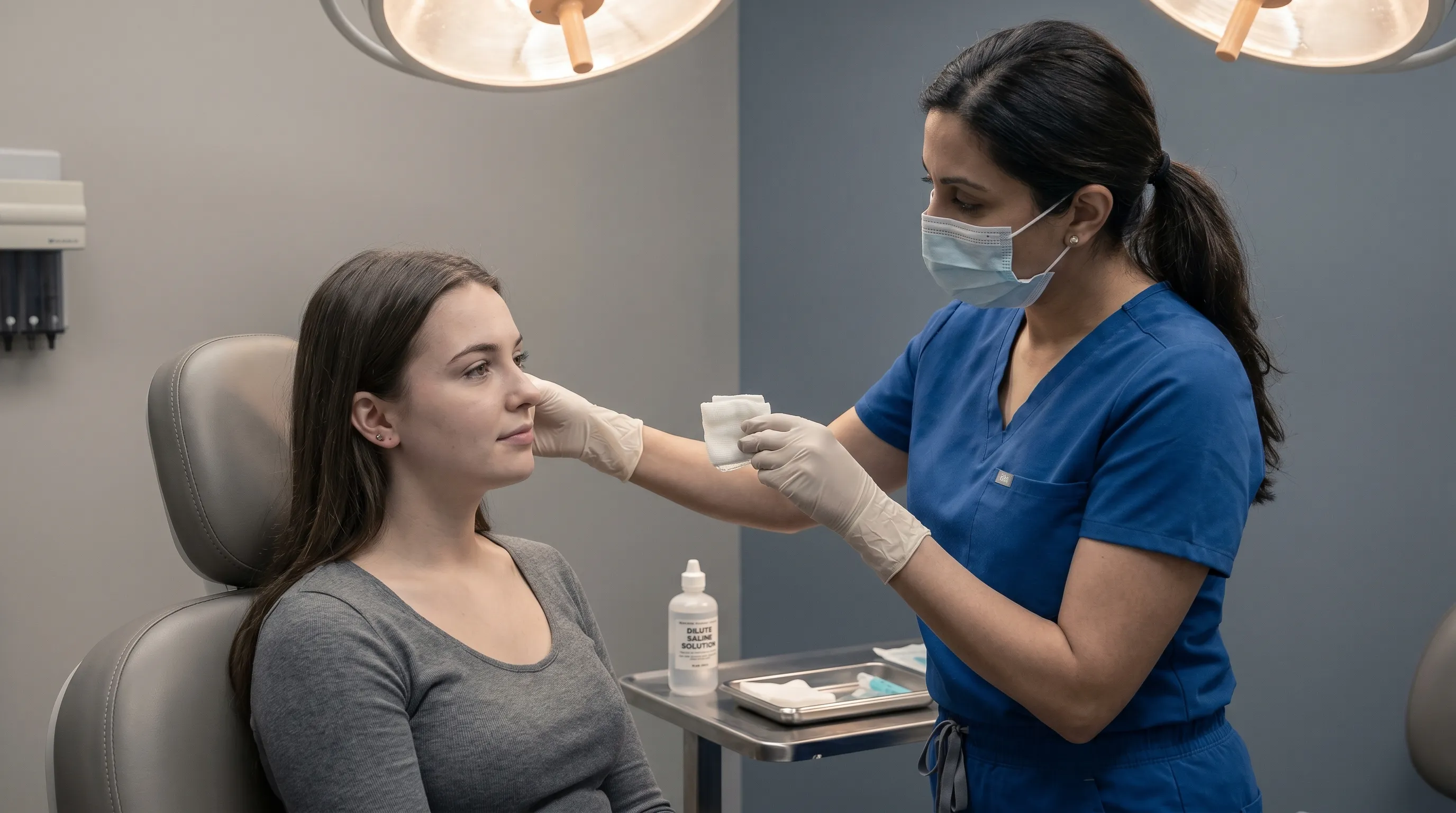 Close-up of a person gently cleaning a healed earlobe piercing with a cotton swab while demonstrating proper technique in a clinical wellness setting