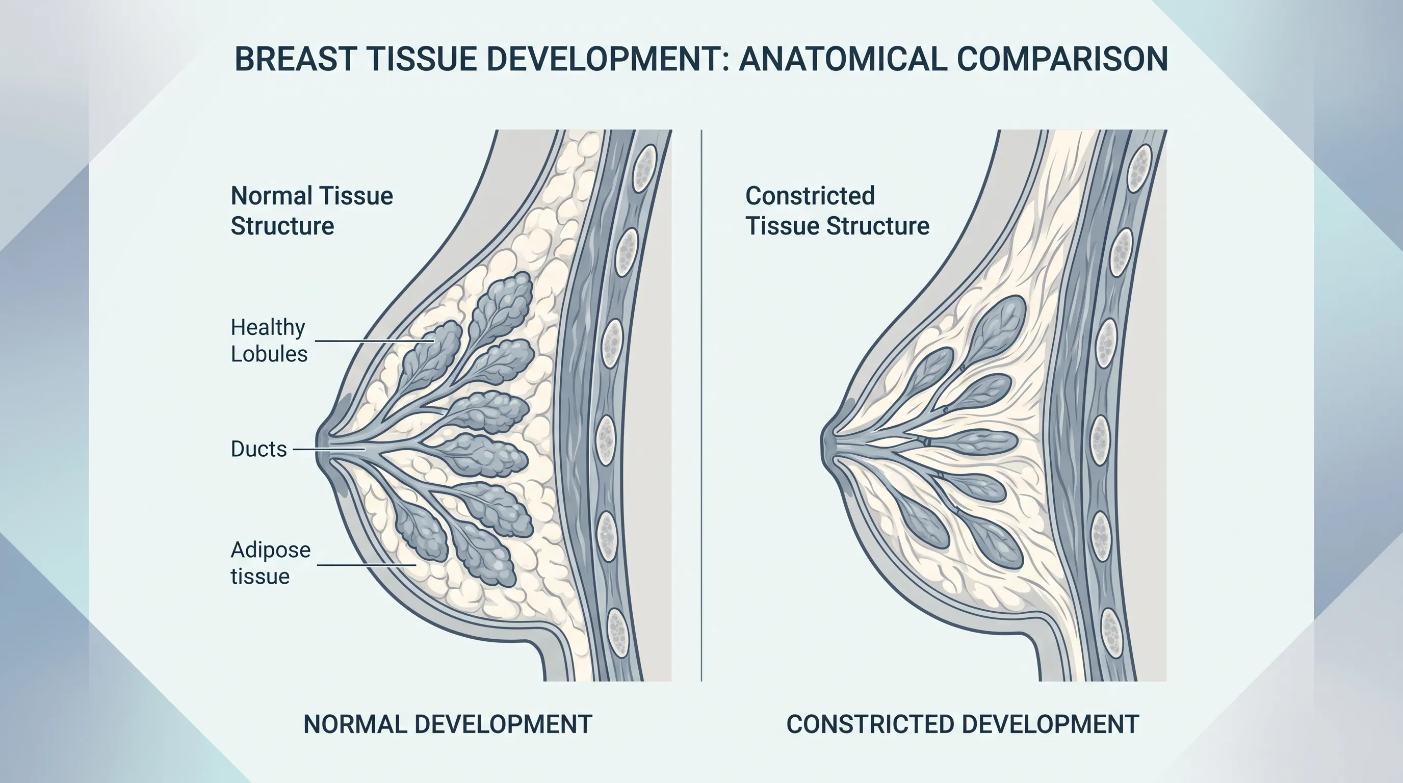 Schéma clinique illustrant les différences anatomiques entre l'architecture standard du tissu mammaire et la morphologie d'un sein constrictif, en mettant en évidence les zones de restriction fasciale et le déficit de volume du pôle inférieur, dans un style d'illustration médicale professionnel aux tons gris-bleu
