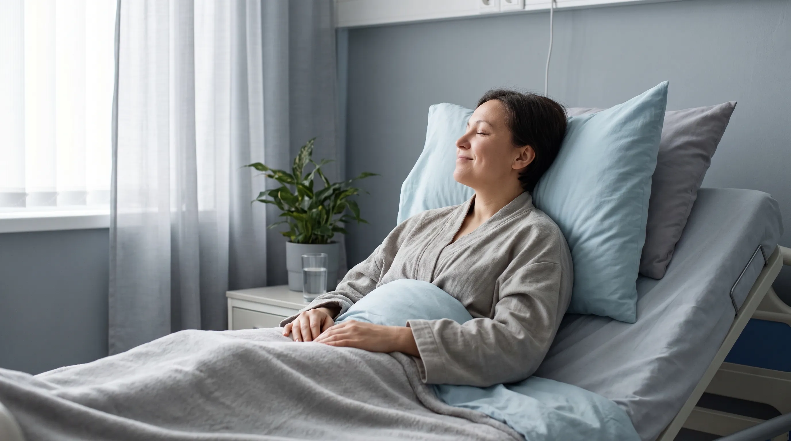 Environnement de récupération calme et professionnel montrant une patiente confortablement assise avec des oreillers de soutien, entourée d'équipements médicaux discrets et d'une lumière naturelle, soulignant la guérison postopératoire dans des tons gris-bleu