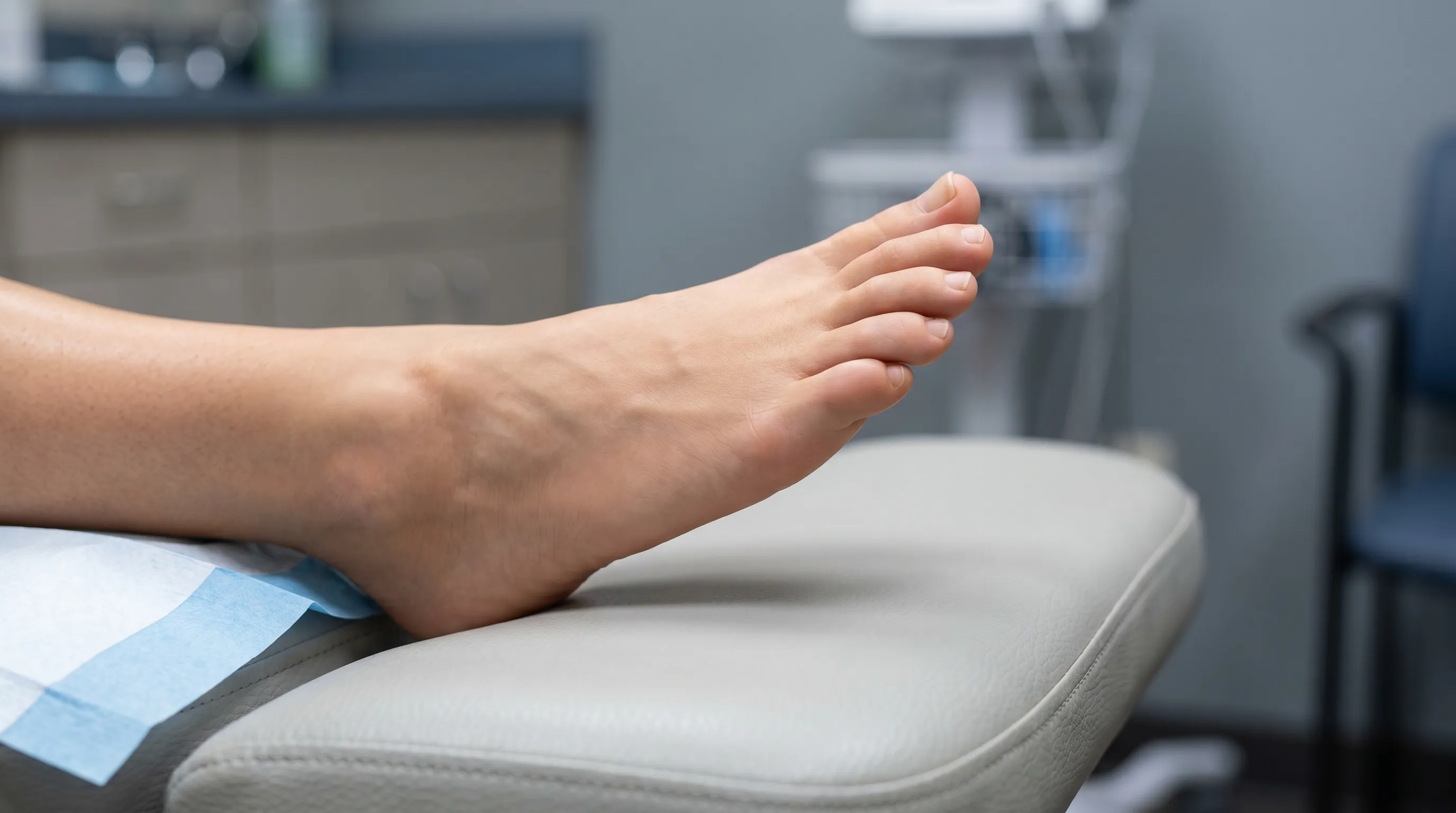 A close-up professional photo of a healthy human foot resting on a medical examination table with soft focus background and clinical gray and blue tones