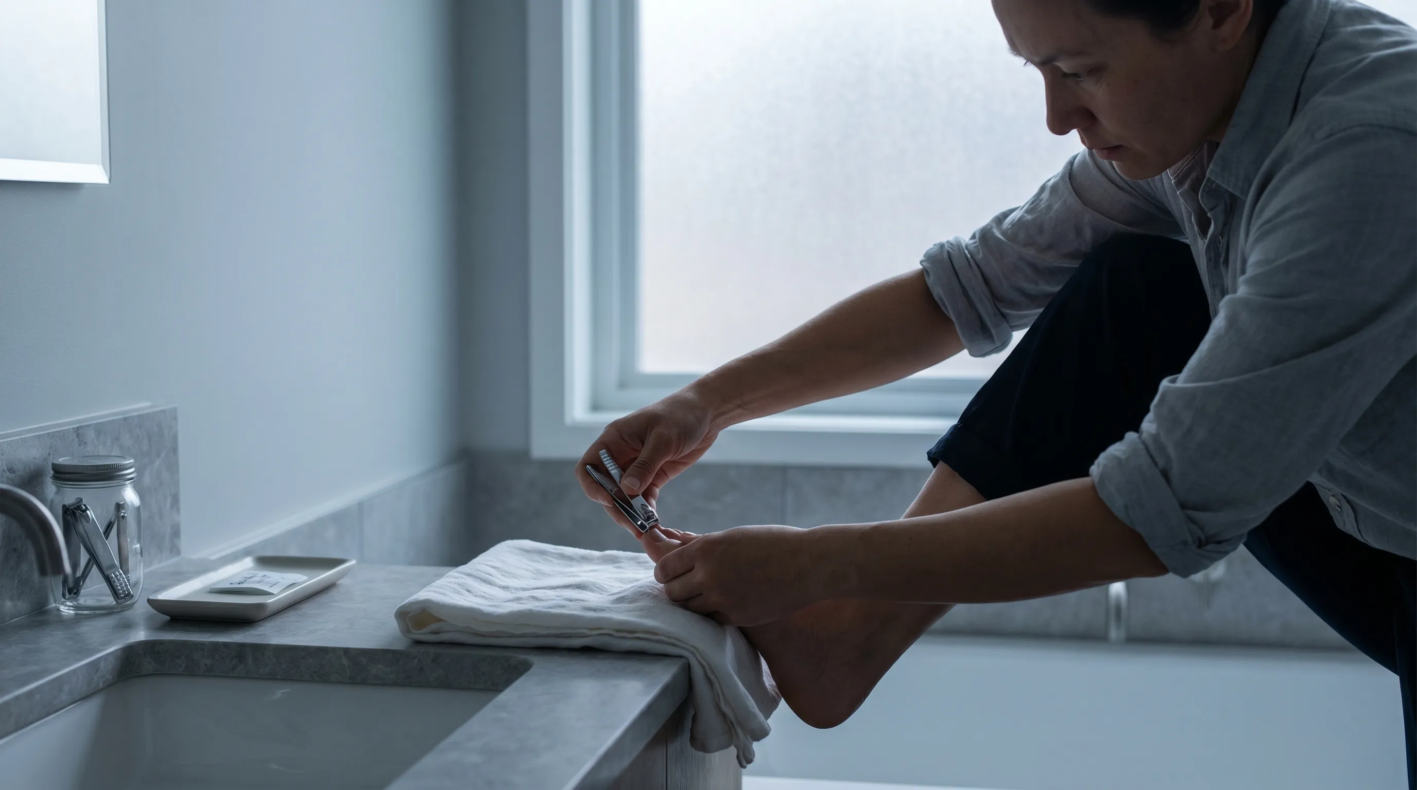 Lifestyle image of an adult carefully trimming toenails straight across using sterilized nail clippers on a clean bathroom counter with muted gray-blue lighting