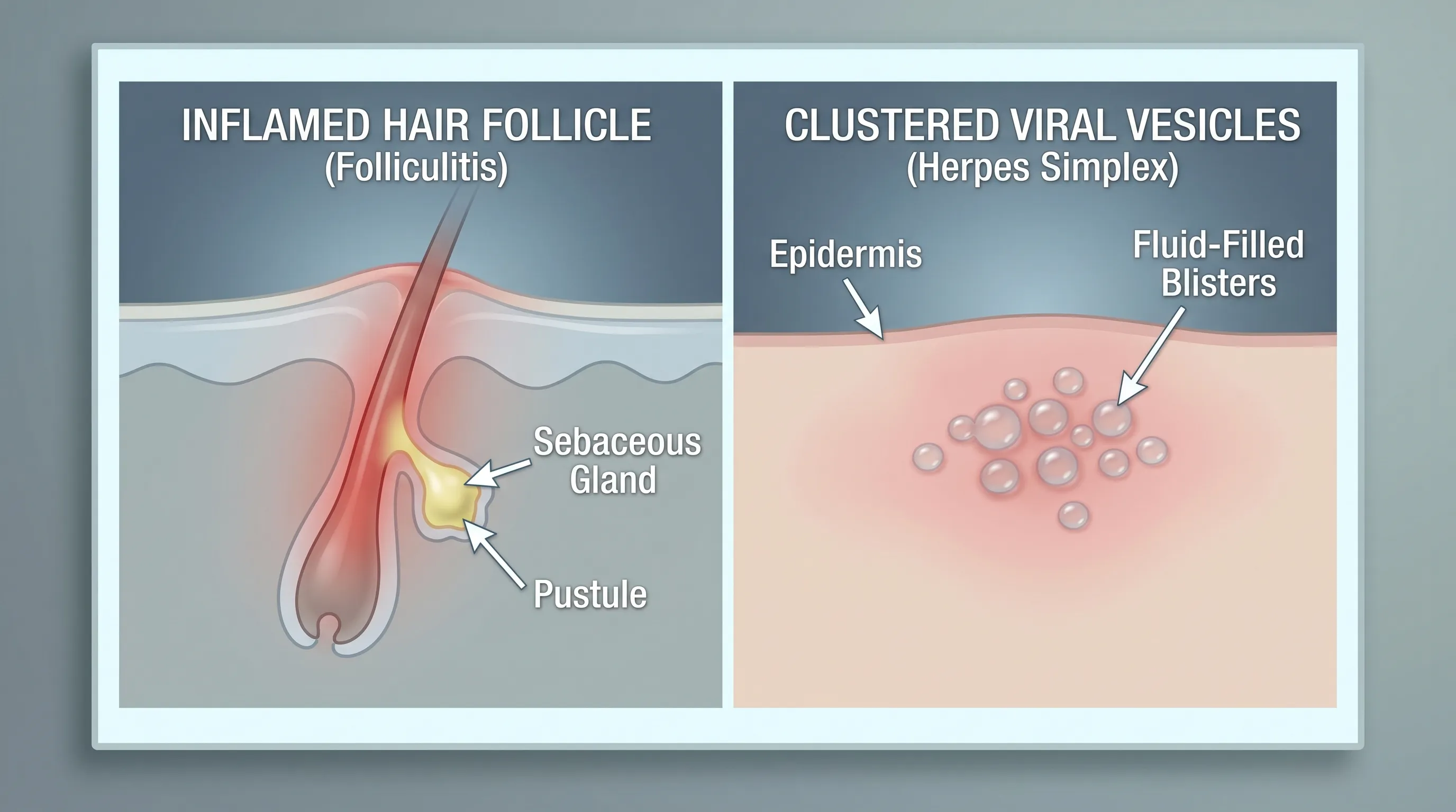 A clinical side-by-side comparison showing a single inflamed hair follicle with visible trapped shaft versus a cluster of translucent fluid-filled vesicles on reddened skin, educational medical photography style, soft neutral lighting