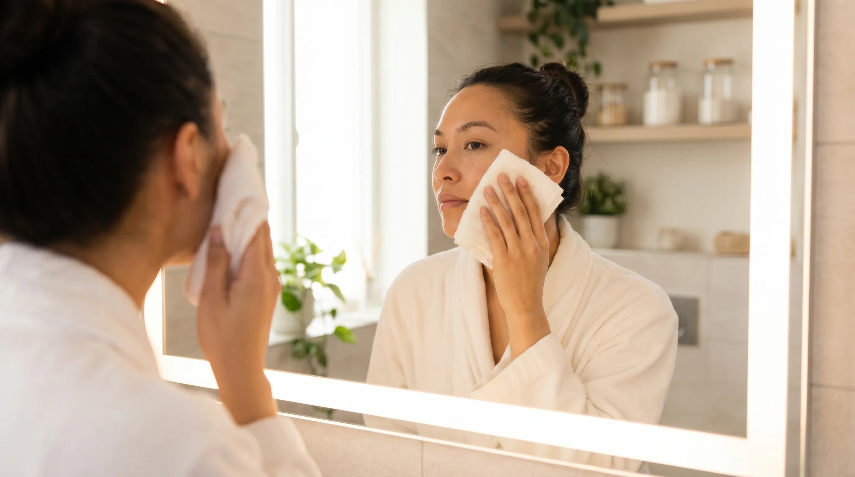 A person carefully applying a clean, hypoallergenic compress to their skin in a well-lit bathroom, demonstrating gentle skincare technique, soft focus background, professional health photography style