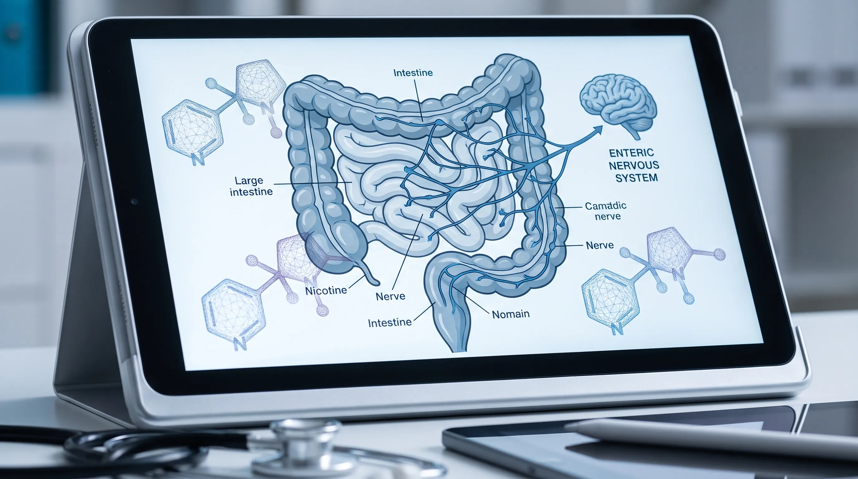 Close-up professional shot of a medical diagram illustrating the enteric nervous system connecting to the large intestine, with subtle nicotine molecular overlays, blue and gray medical aesthetic.