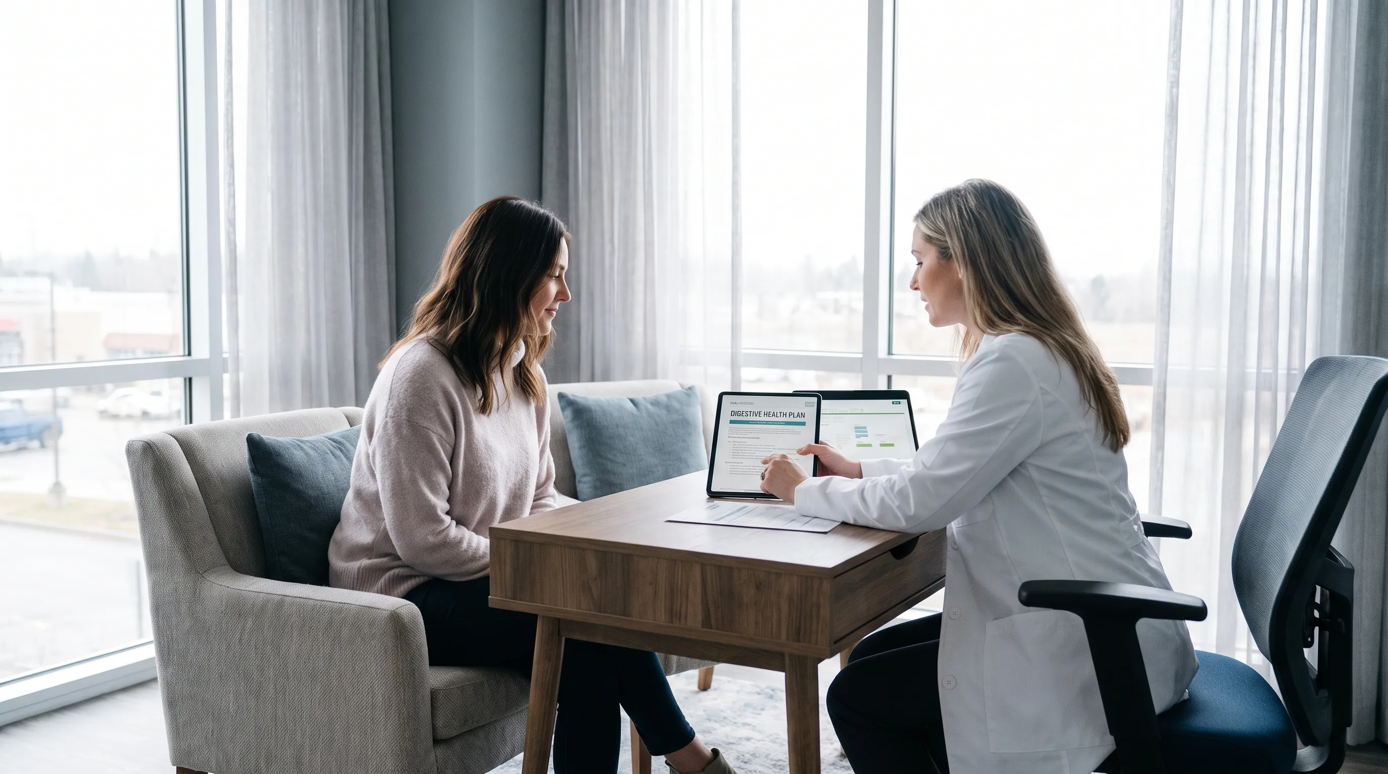 A person sitting comfortably in a modern wellness clinic consulting a healthcare professional, reviewing a digestive health plan, soft natural lighting, gray and blue color grading.