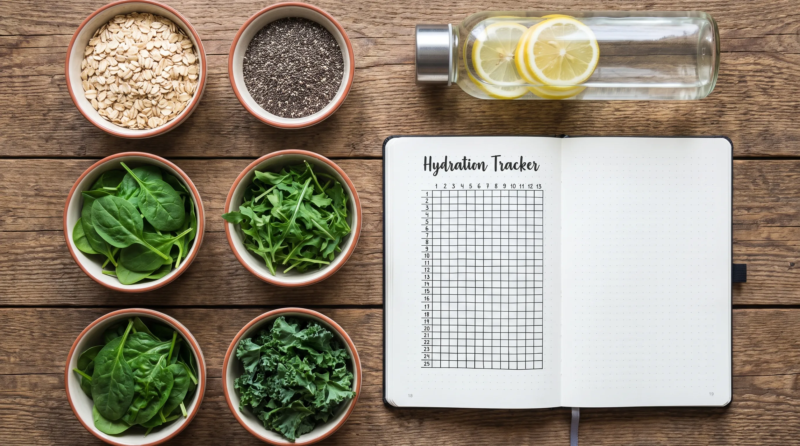 Top-down flat lay of gut-friendly foods like oats, chia seeds, leafy greens, and a hydration tracker, arranged neatly on a wooden table, clean lifestyle photography.