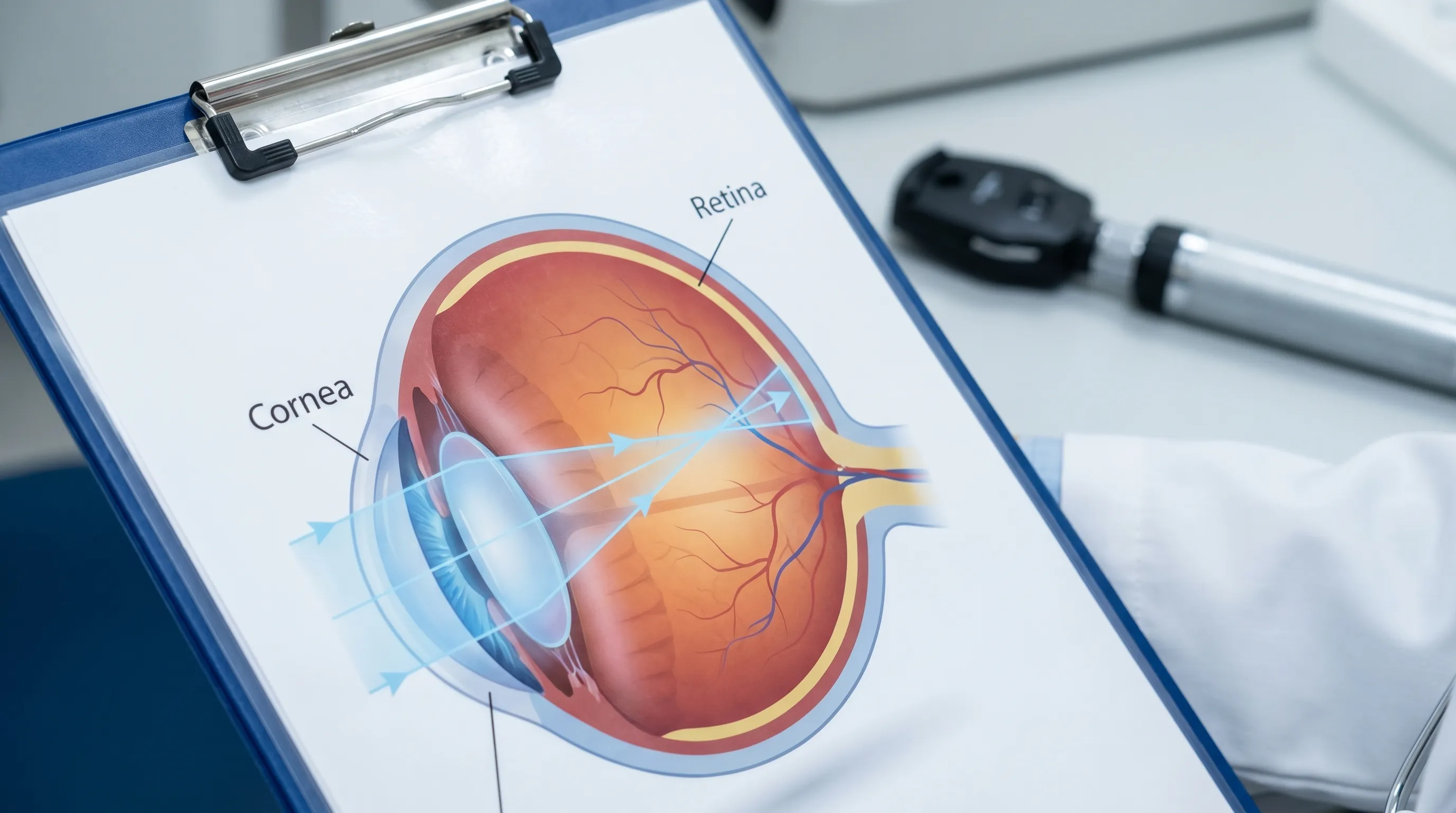 Close-up view of an ophthalmologist conducting a comprehensive retinal examination using an indirect ophthalmoscope in a modern clinical setting with professional lighting and muted tones