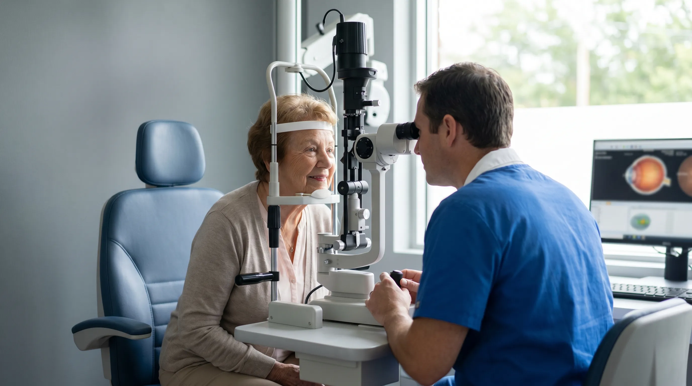 Elderly individual performing gentle facial exercises and eye relaxation techniques in a sunlit wellness room, emphasizing preventive vision care and healthy aging