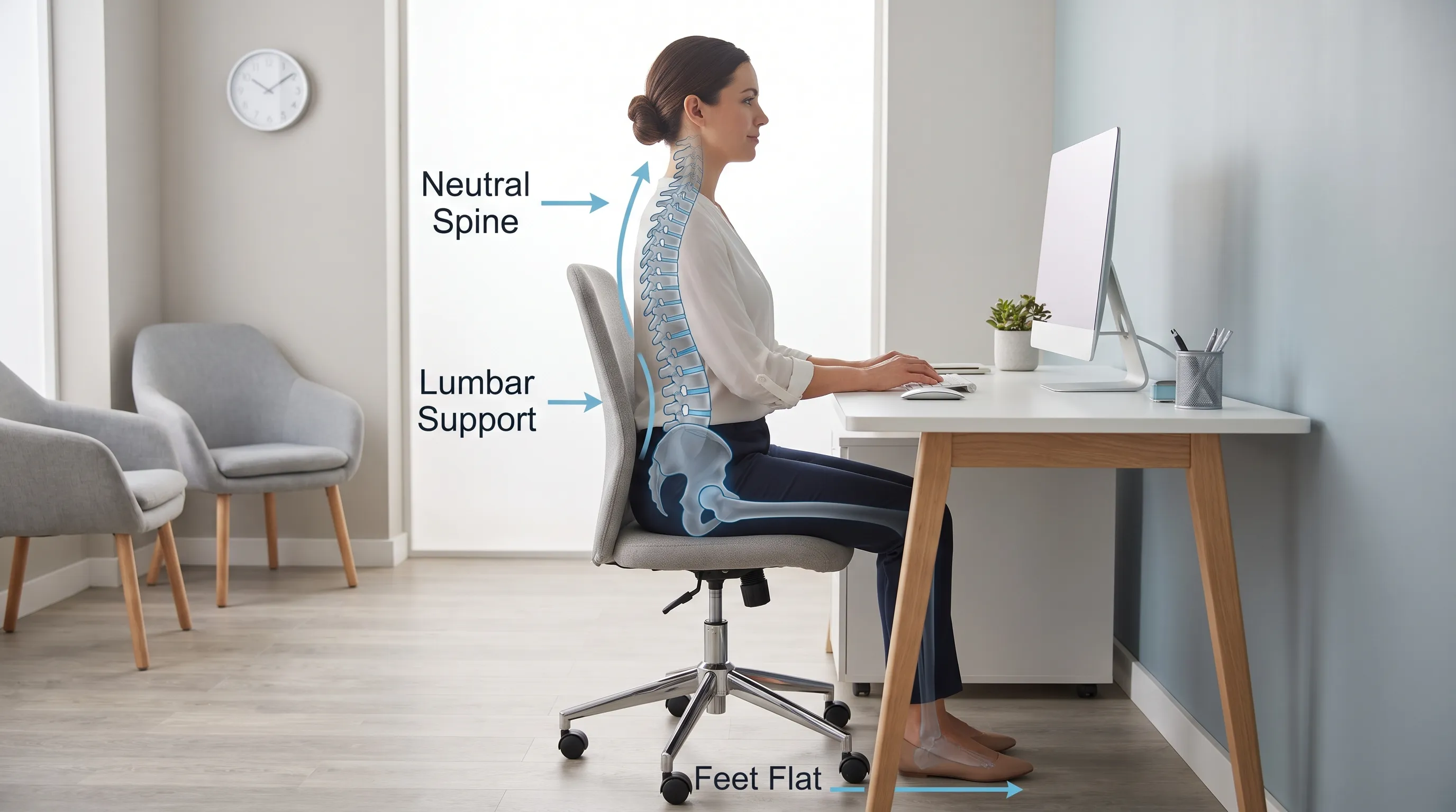 descriptive medical illustration overlay on lifestyle photo showing proper ergonomic seating posture for spinal health in a neutral clinic environment, gray and blue color palette
