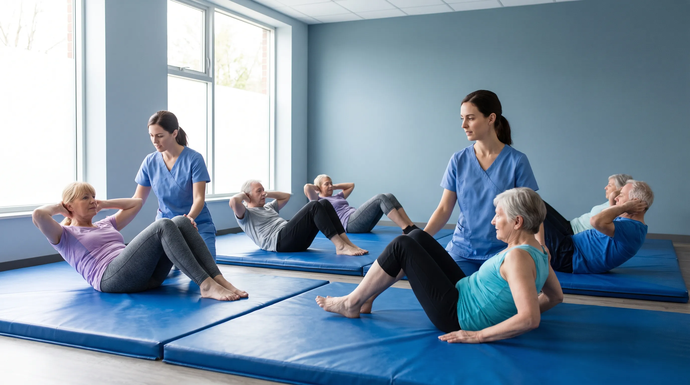 group rehabilitation session with patients performing supervised core-strengthening exercises on stability mats in a professional healthcare environment, muted blue tones, natural lighting