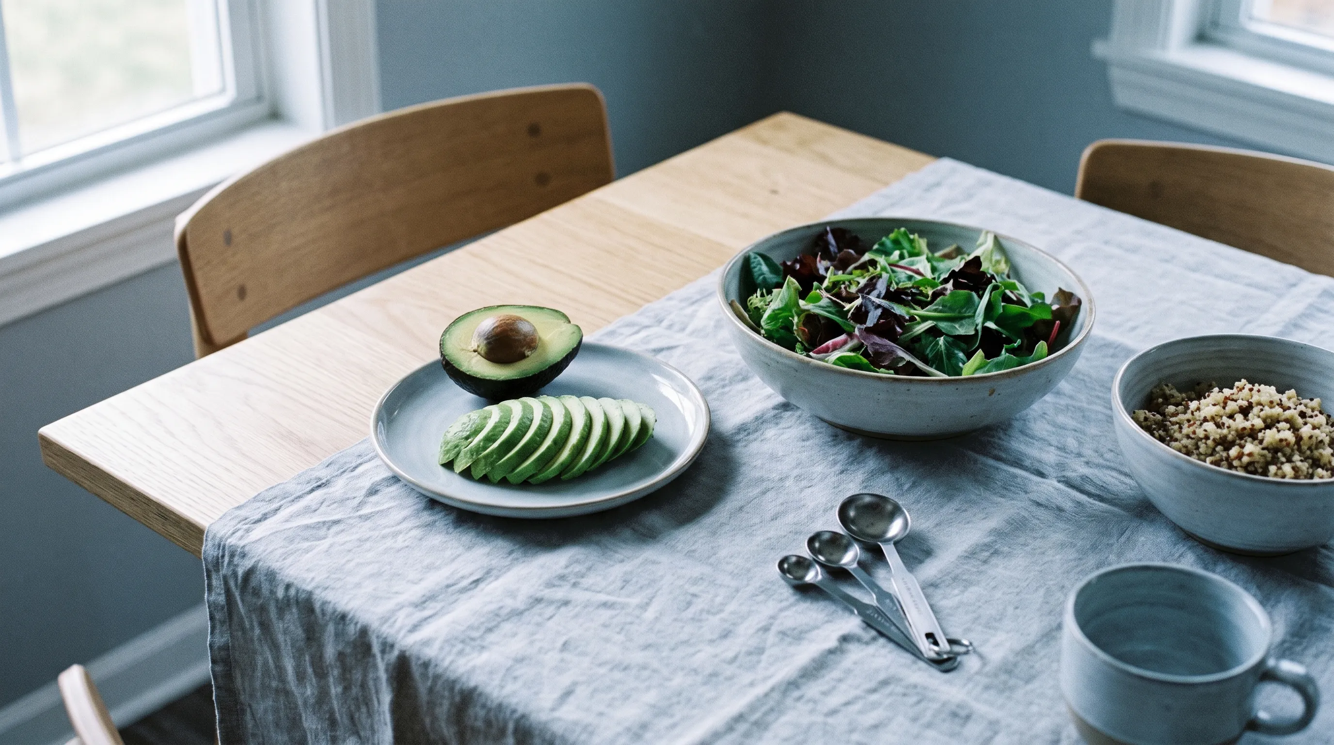 A clean, minimalist dining table featuring a small avocado sliced neatly alongside a mixed green salad, quinoa bowl, and measuring spoons, styled in cool blue and gray lifestyle photography, 4:3 ratio