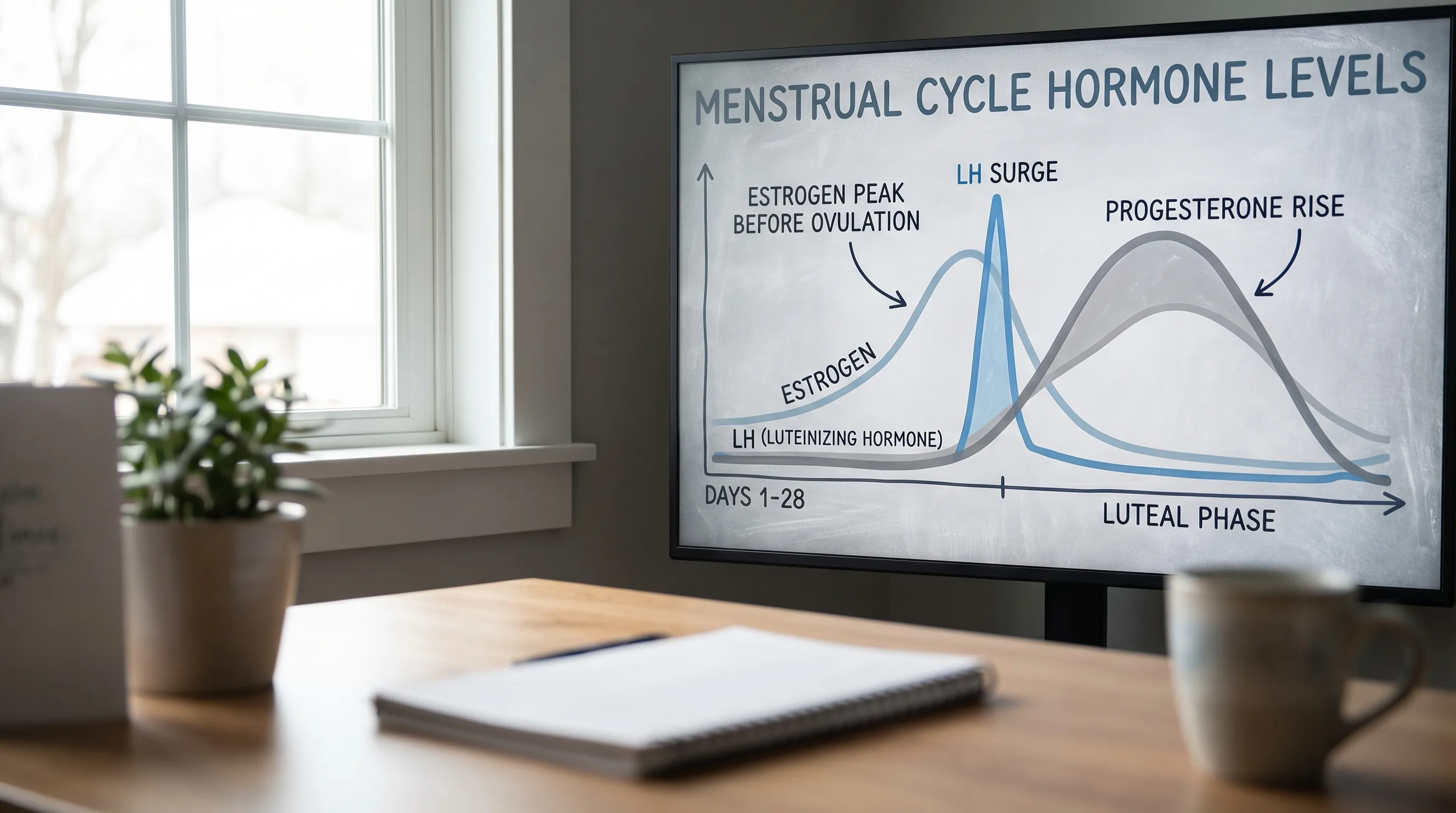 A graph of hormone levels during the menstrual cycle, showing estrogen rising before ovulation, which triggers a sharp peak in LH. After the LH surge, progesterone levels rise during the luteal phase, while LH falls back to low levels.