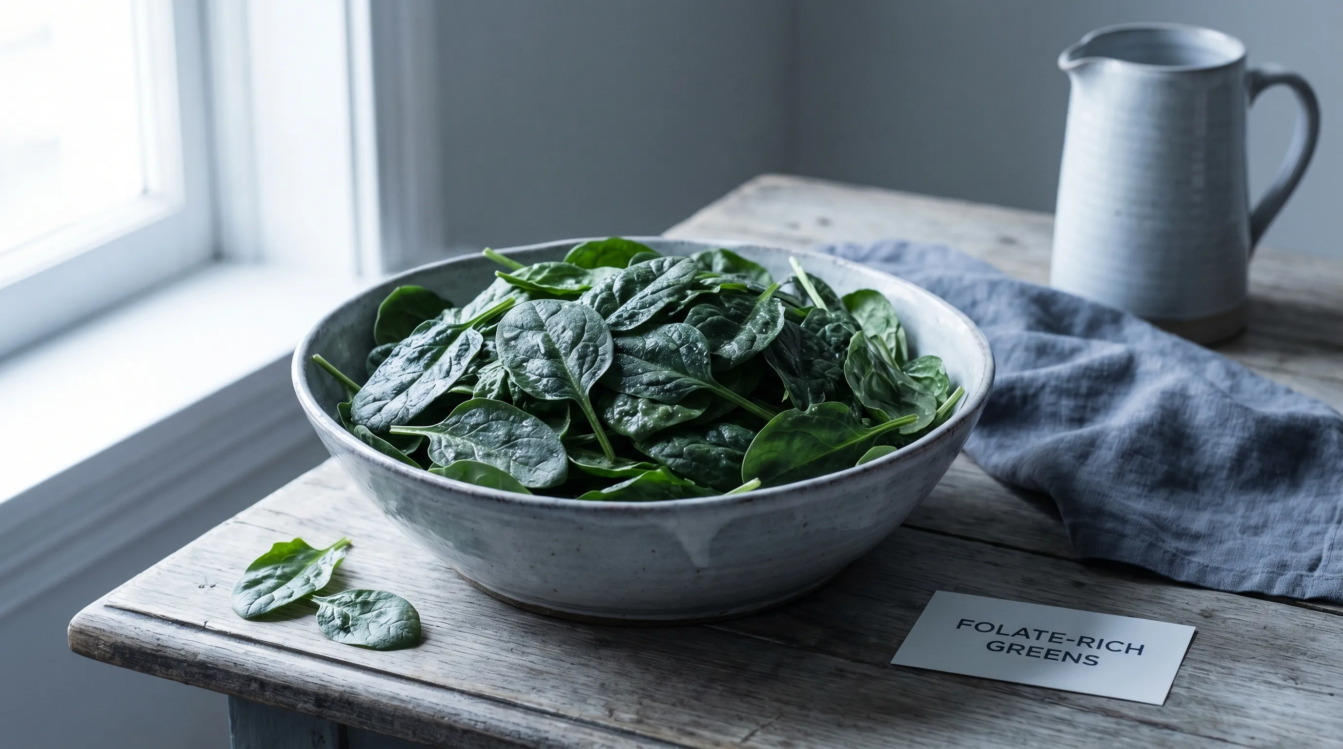 A large bowl of fresh spinach, a classic example of a folate-rich leafy green vegetable.