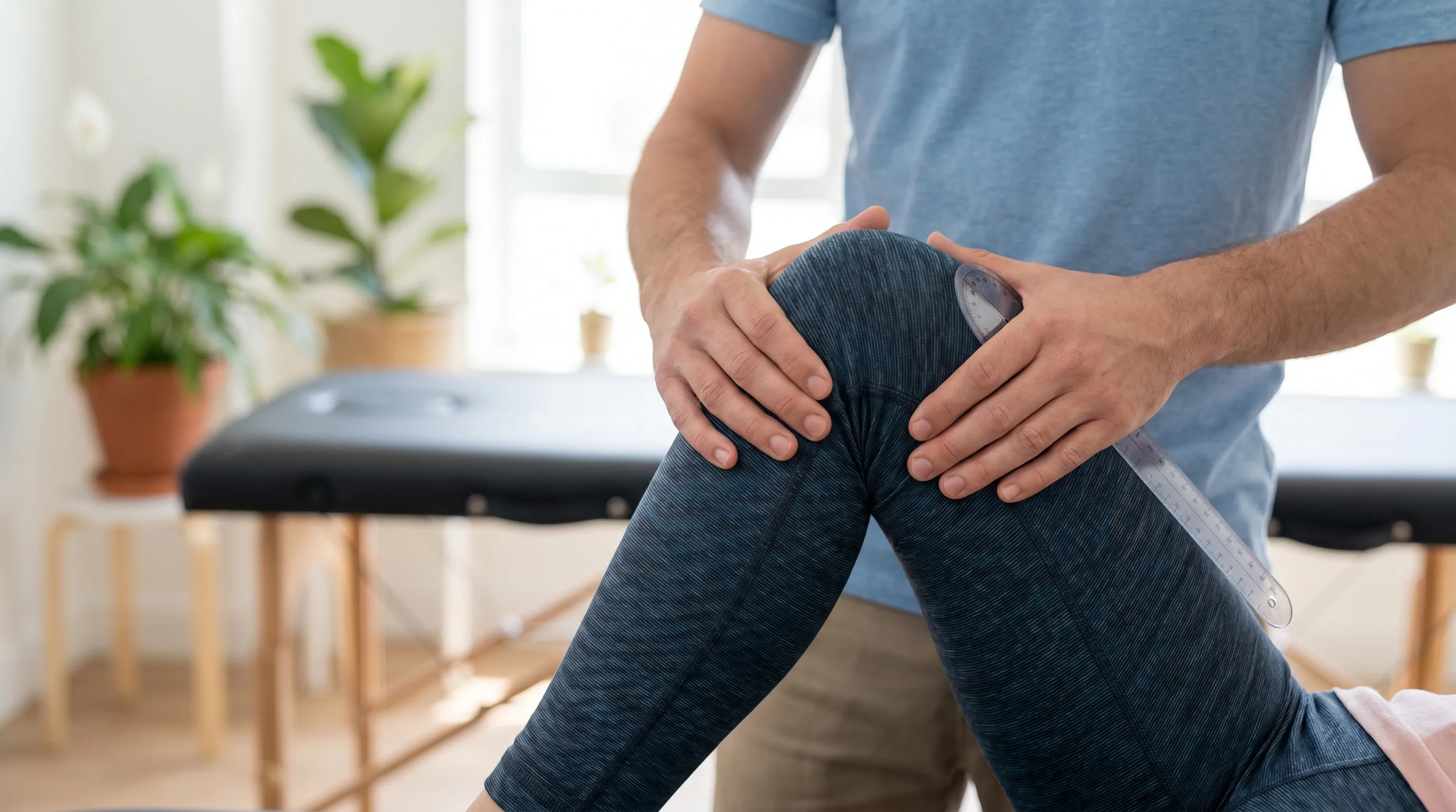 descriptive alt text of knee rehabilitation assessment in clinical setting