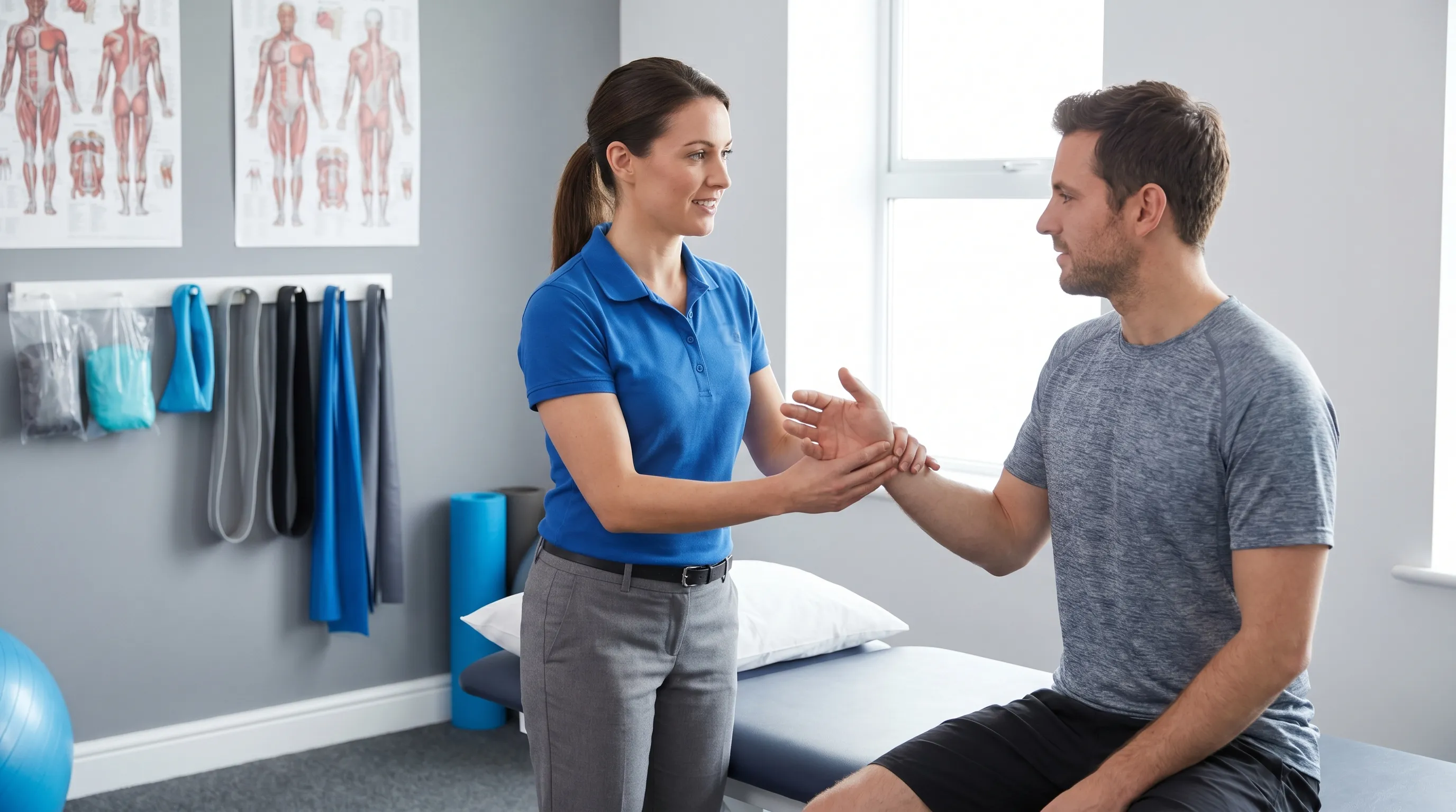 A physical therapist gently guiding a patient through controlled thumb mobilization exercises in a clinical rehabilitation setting