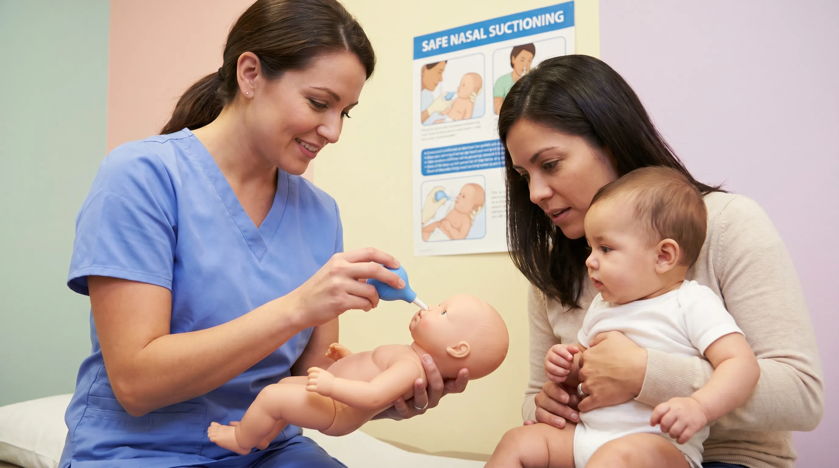 A healthcare professional demonstrating proper infant nasal suctioning techniques with a bulb syringe in a softly lit pediatric clinic setting