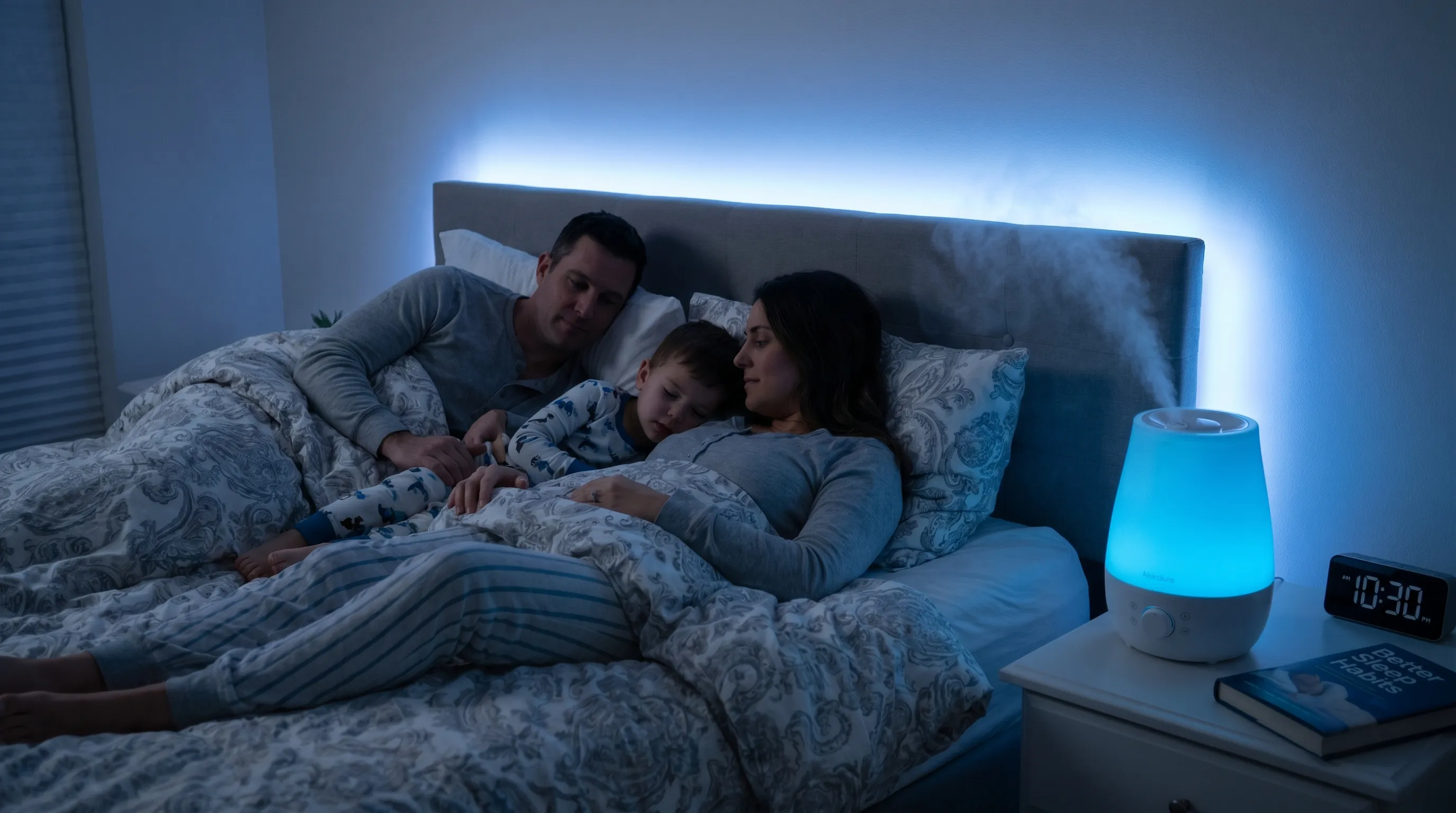 A family using a cool-mist humidifier in a bedroom with soft blue ambient lighting, focusing on respiratory comfort and sleep hygiene
