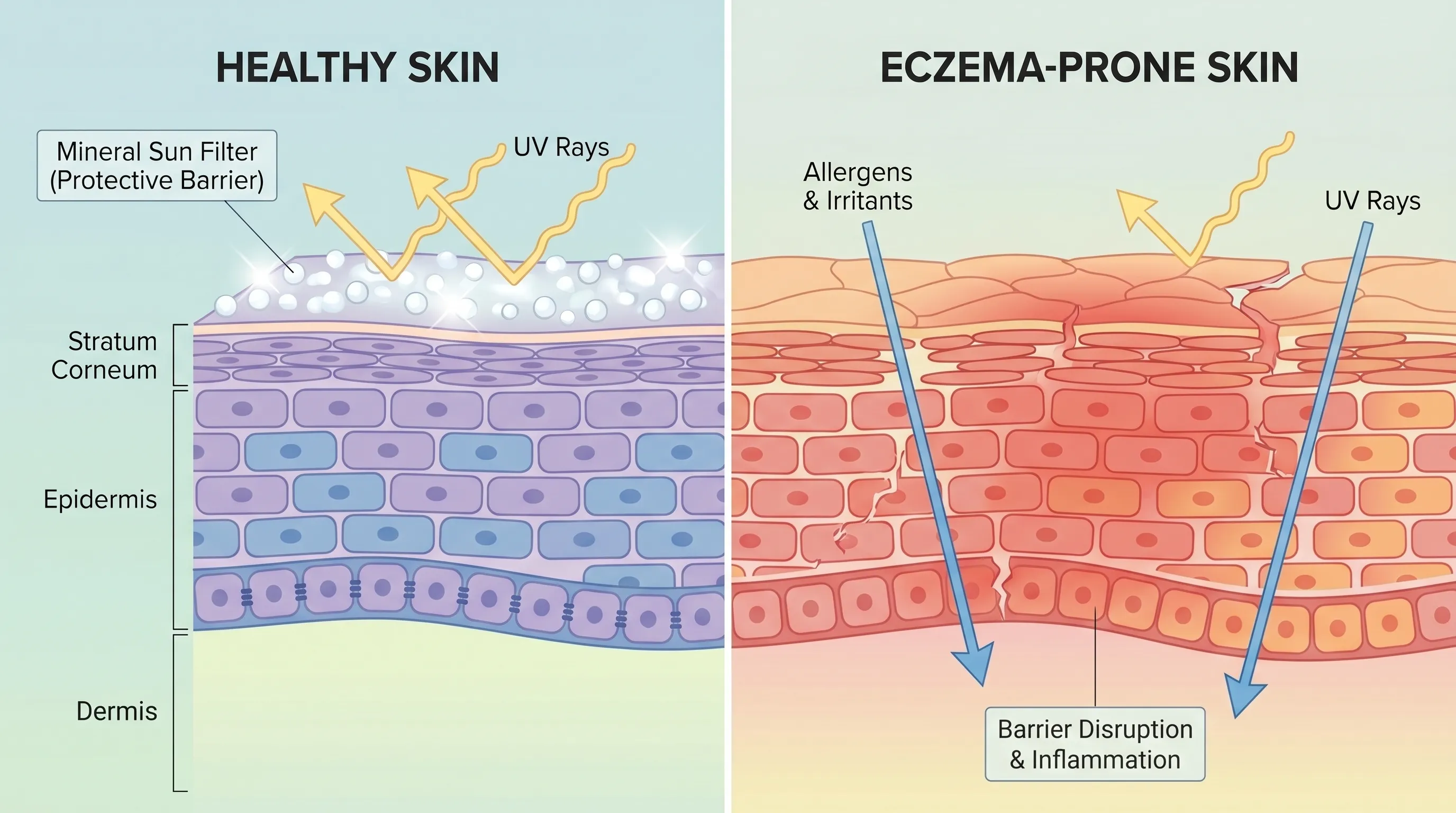 A close-up of a dermatologist demonstrating gentle sun cream application on adult skin with mild eczema patches, clinical lighting, educational style