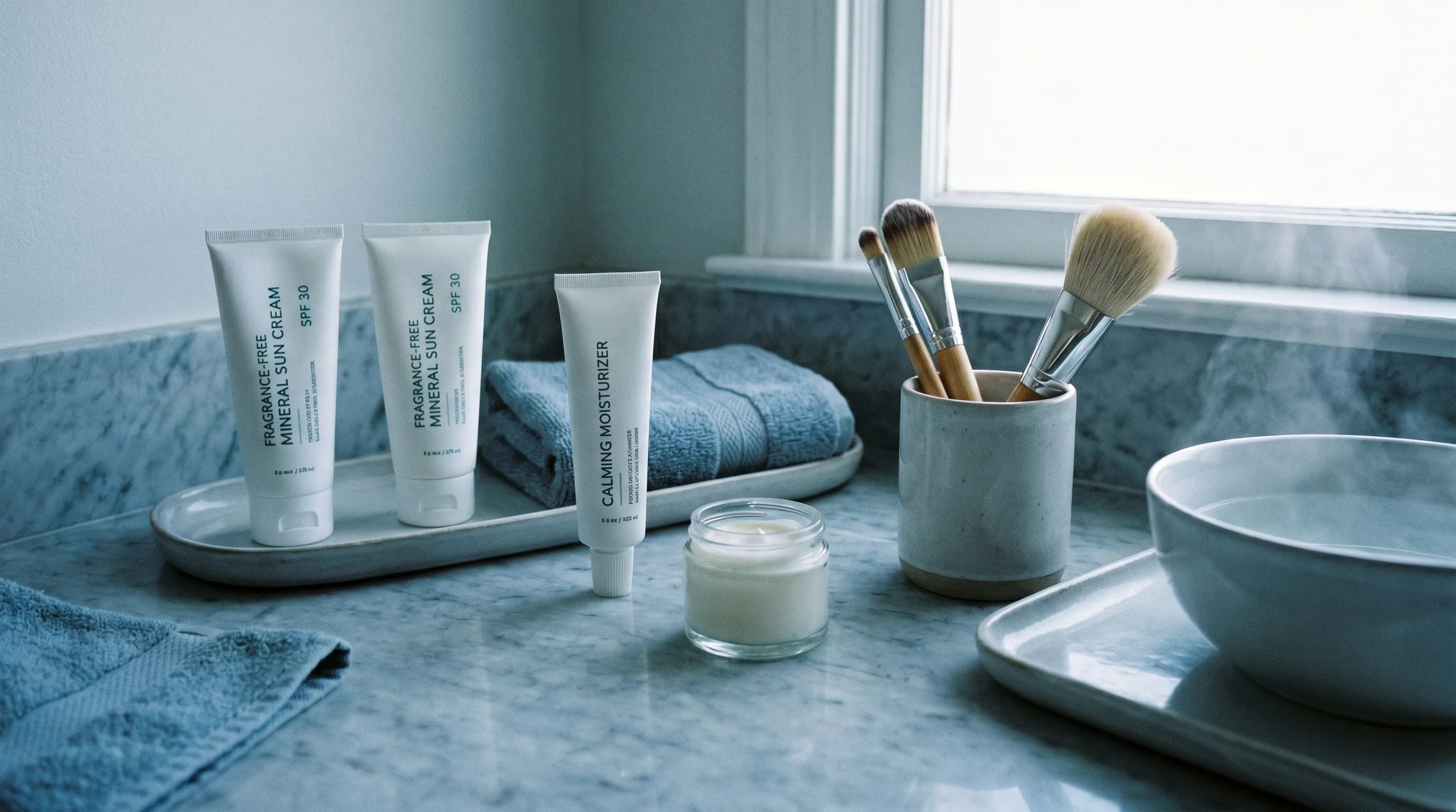 A serene home skincare setup featuring fragrance-free moisturizers, mineral sun cream tubes, and gentle application brushes on a clean marble surface, cool gray and blue tones, educational photography