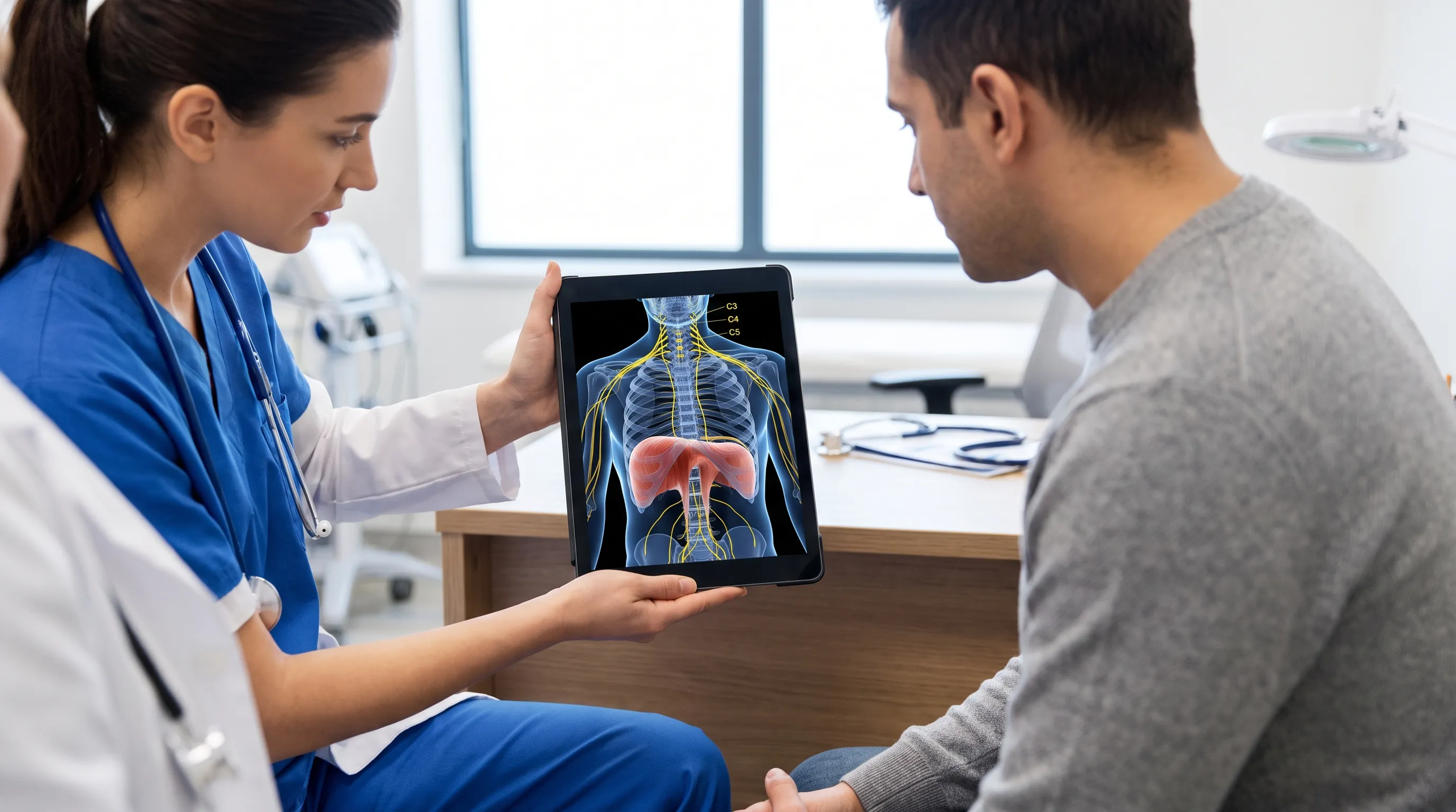 Medical illustration showing the human diaphragm, phrenic nerve pathways, and cervical spine with a subtle anatomical overlay, displayed on a clinician's tablet while consulting a patient in a modern clinical setting