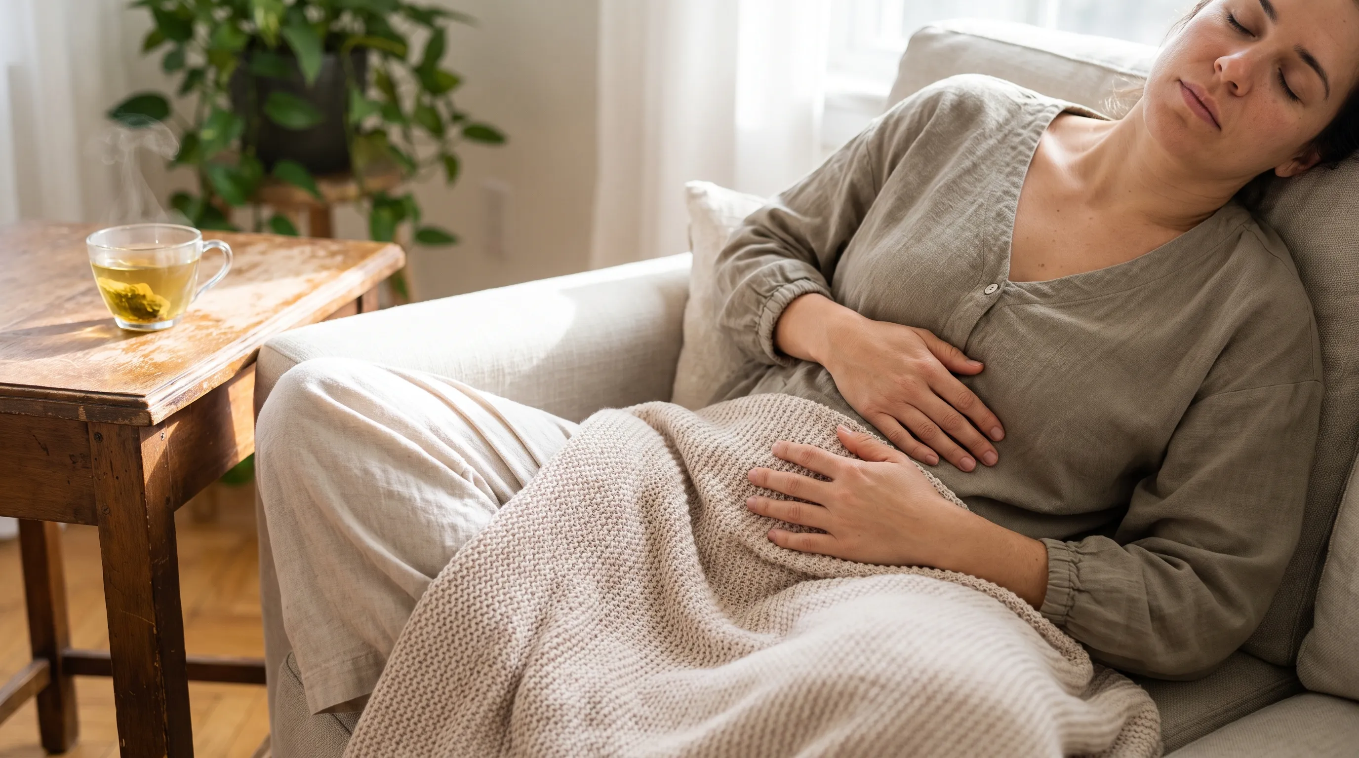 Close-up lifestyle photograph of an individual practicing gentle diaphragmatic breathing and light torso stretches in a calm home environment, with natural lighting and a focus on relaxation and digestive comfort