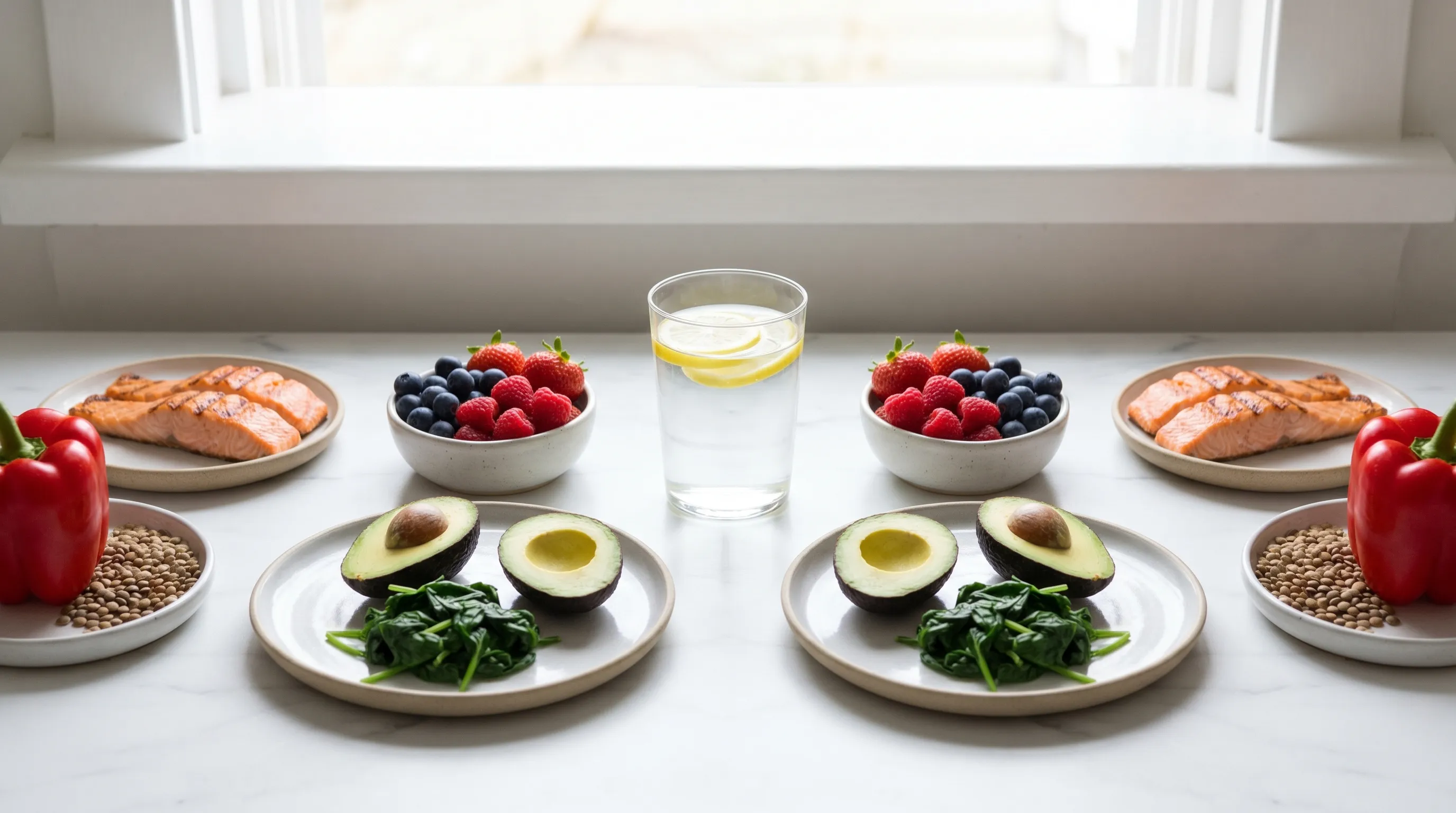 descriptive alt text showing fresh vegetables, berries, lean proteins, and a glass of water arranged on a marble counter emphasizing skin-boosting nutrition